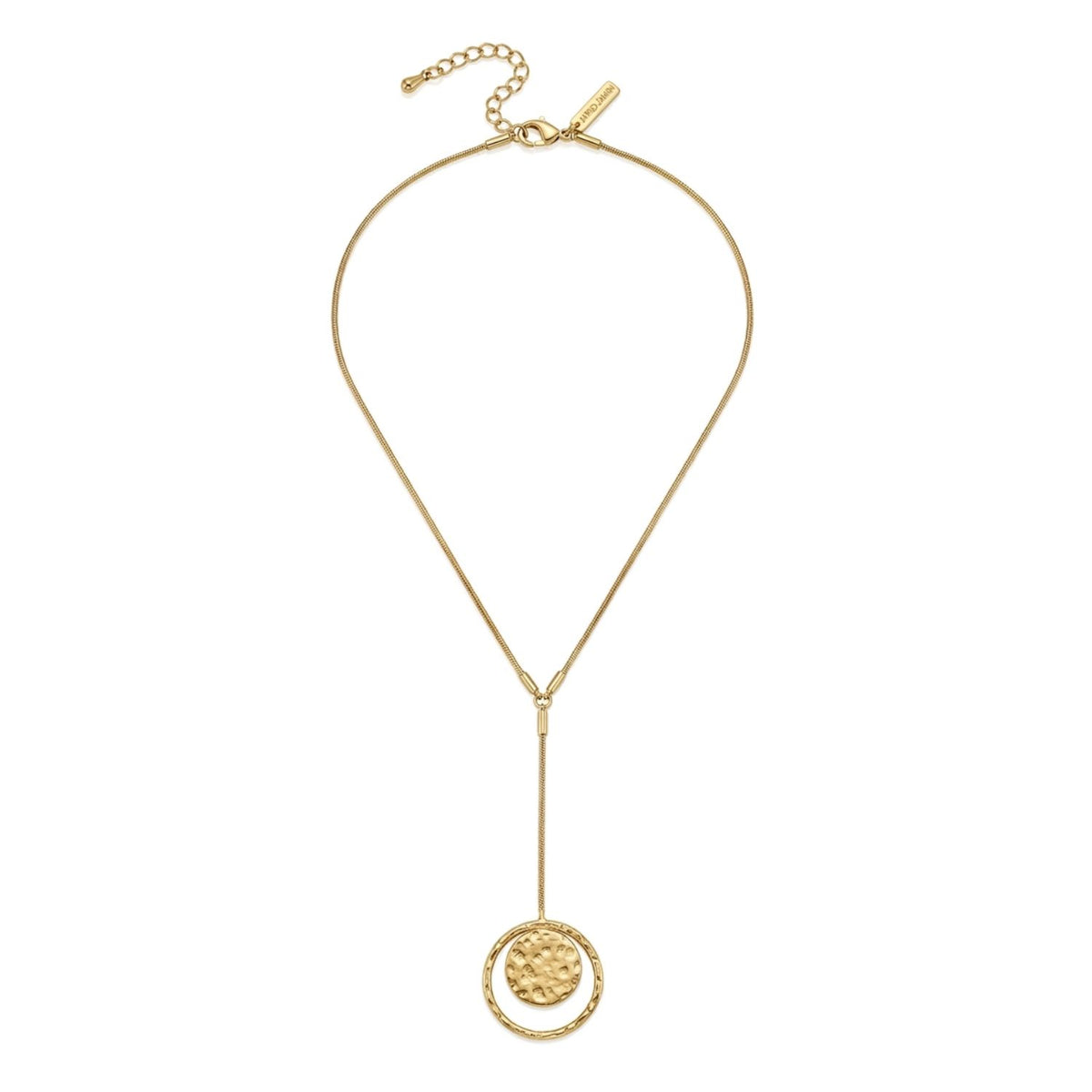 High-resolution studio product shot of the gold-plated JAREDJAMIN Peacock Y Pendant Necklace displayed flat against a white backdrop, highlighting the 1mm rat tail chain, 3-inch drop, and hand-hammered concentric charm.