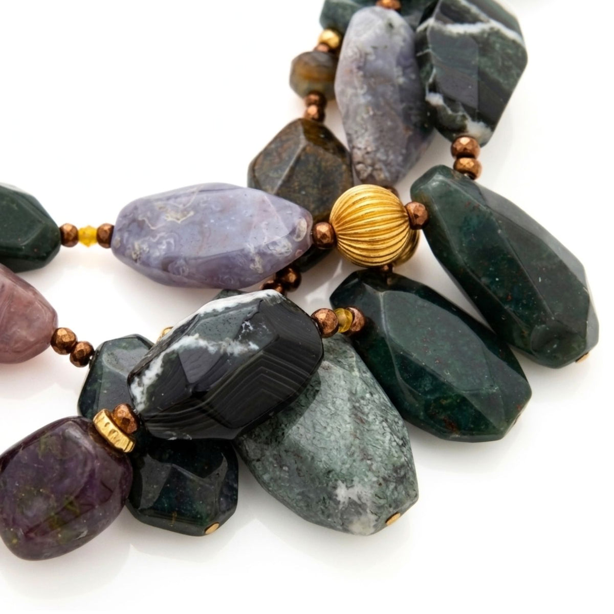 Pebble Brook Jasper Necklace, close-up of a multicolor jasper bead necklace with green, purple, and black faceted stones.