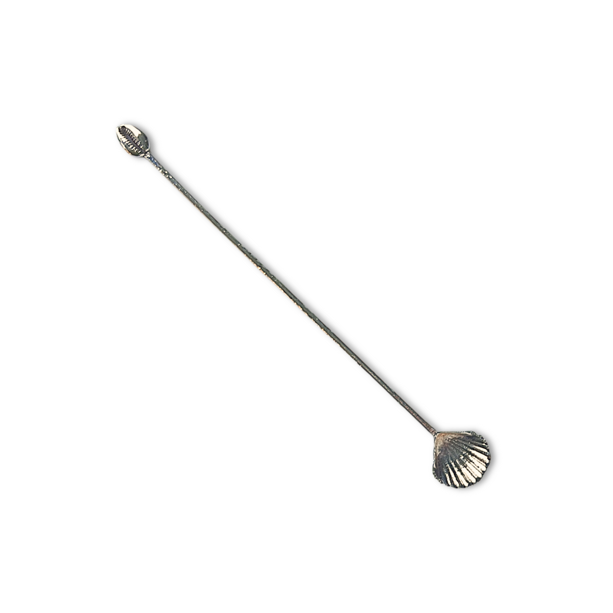 Enhance your entertaining with the Silver Prickly Cockle &amp; Cowrie Cocktail Stirrer by JAREDJAMIN Barware and More. With silver-plated, shell-shaped ends and a detailed slim handle, this elegant accessory complements any gathering beautifully.