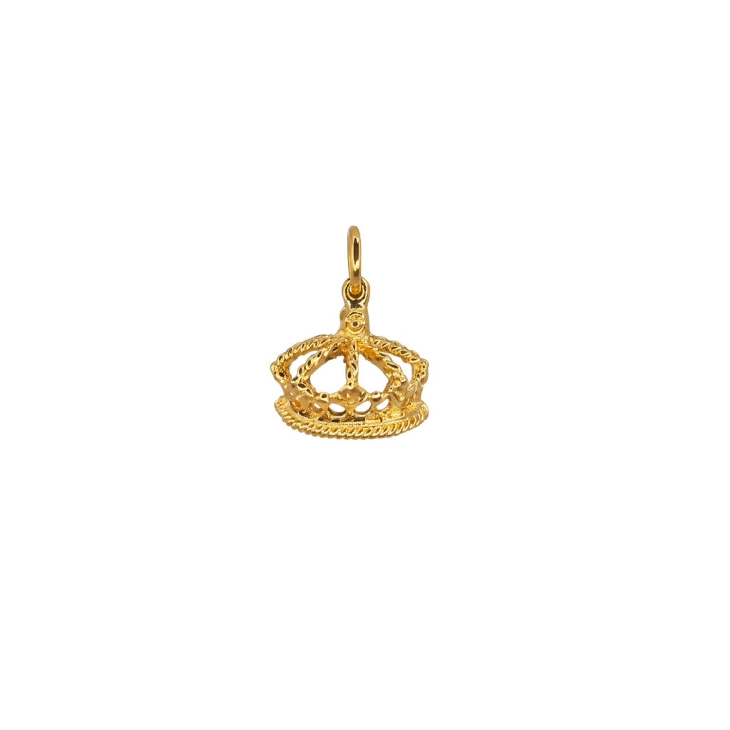 JAREDJAMIN Regina Crown Charm: A detailed 1-inch vintage crown pendant refinished in a high-polish 18k gold plate.