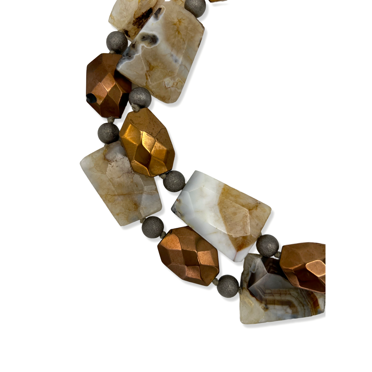 The Rocky Mountain Necklace by JAREDJAMIN Jewelry Online showcases large rectangular marbled brown and white agate stones, faceted bronze and chrome-plated beads, plus small round matte dark grey beads on a white background.