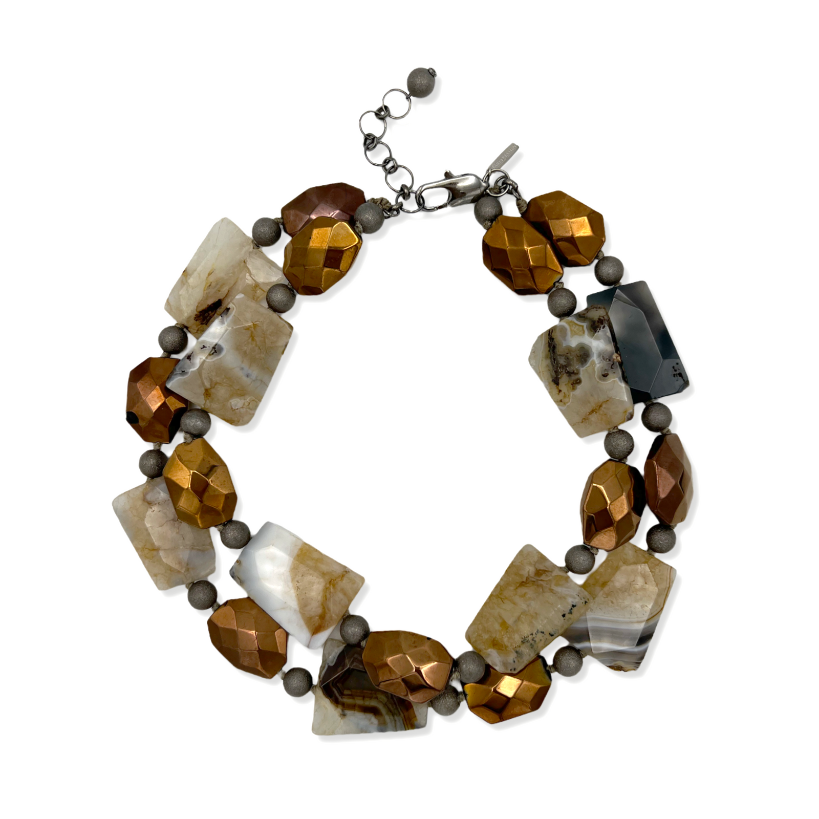 The Rocky Mountain Necklace by JAREDJAMIN Jewelry Online features chunky rectangular marbled white and brown agate stones, faceted copper and chrome beads, gray rounds, and a silver adjustable clasp with a round charm.