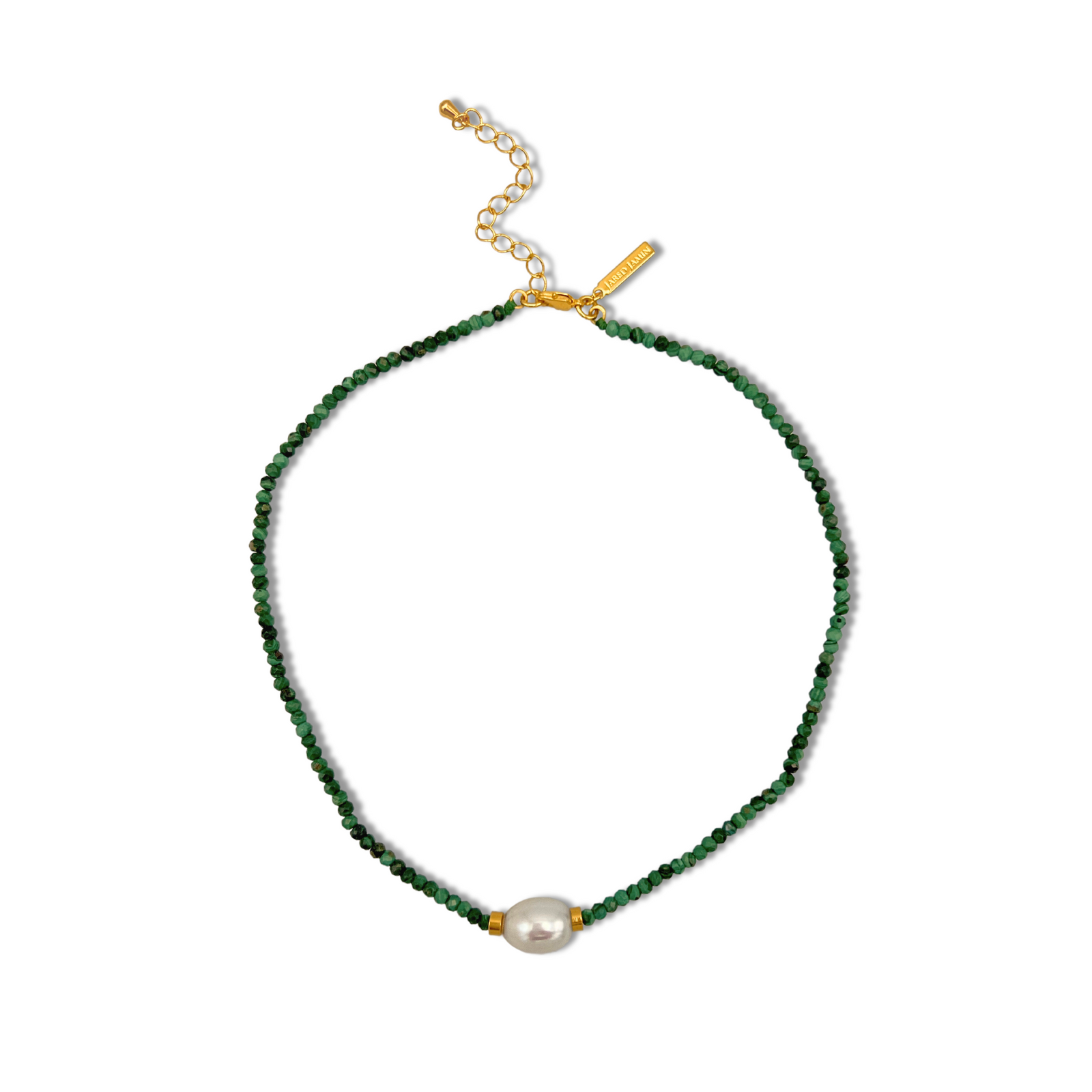 The Rowan Necklace Malachite by JAREDJAMIN Jewelry Online features delicate malachite beads, a large freshwater pearl centerpiece, gold accents, an adjustable gold chain, and a small rectangular gold tag near the clasp.