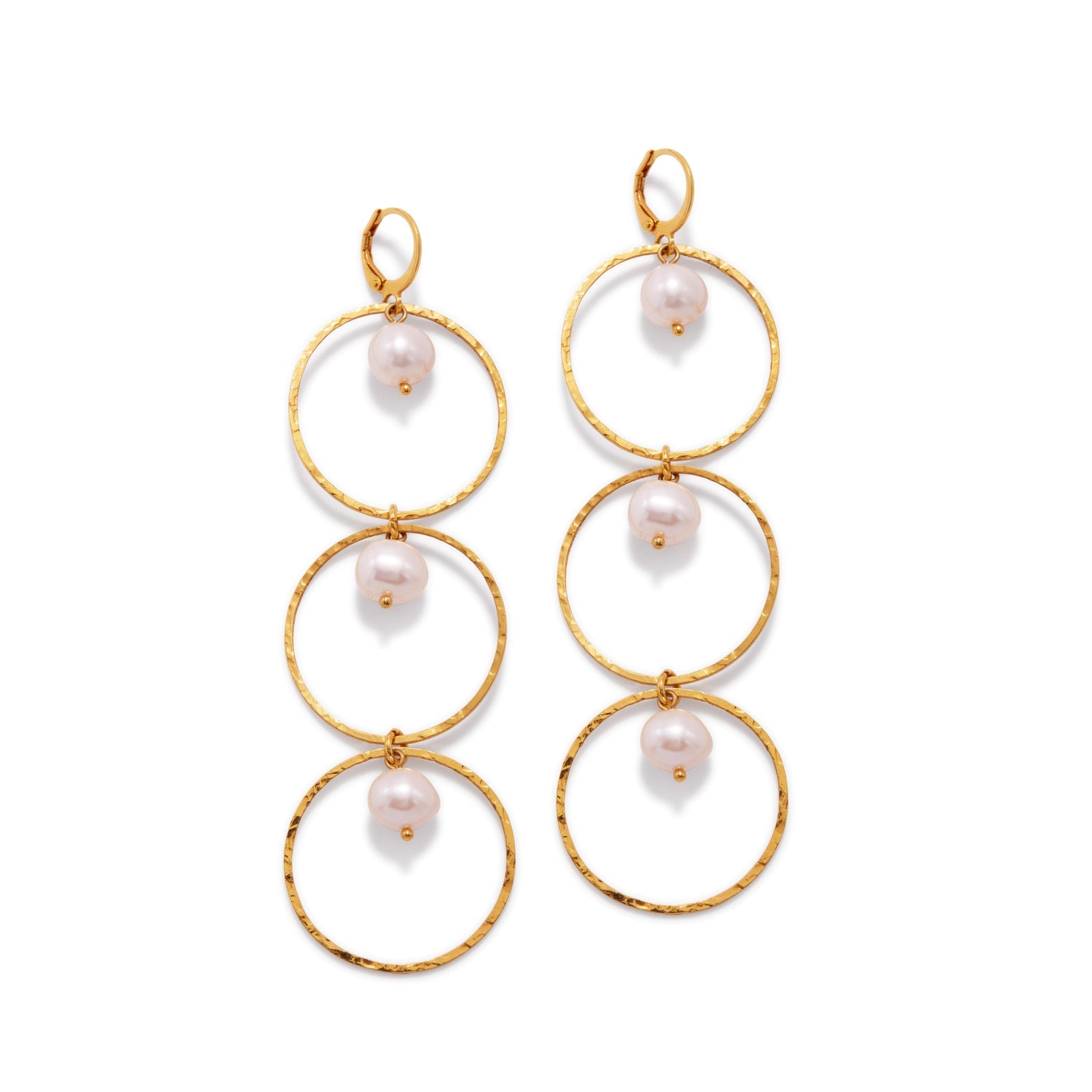 The Gold Seabreeze Lindy Dangle Earrings by JAREDJAMIN Jewelry Online feature three linked, hammered 18K gold plated hoops with cascading pearls and secure leverback closures for an elegant, sophisticated look.