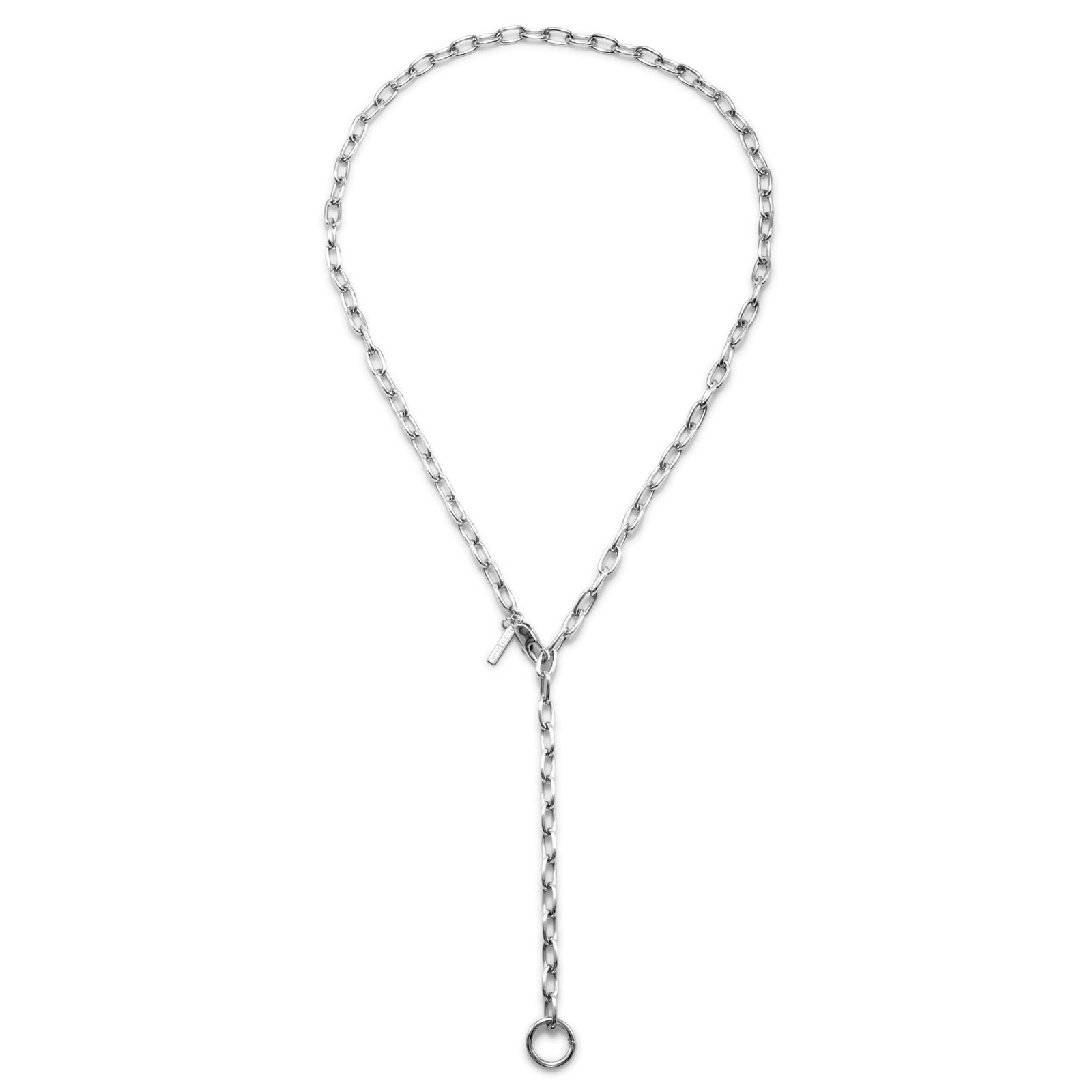 The Silver Chain Reaction Necklace by JAREDJAMIN Jewelry Online features large oval links and a modern lariat design, looping through a central ring to form a striking Y-shape for a bold, minimalist statement.