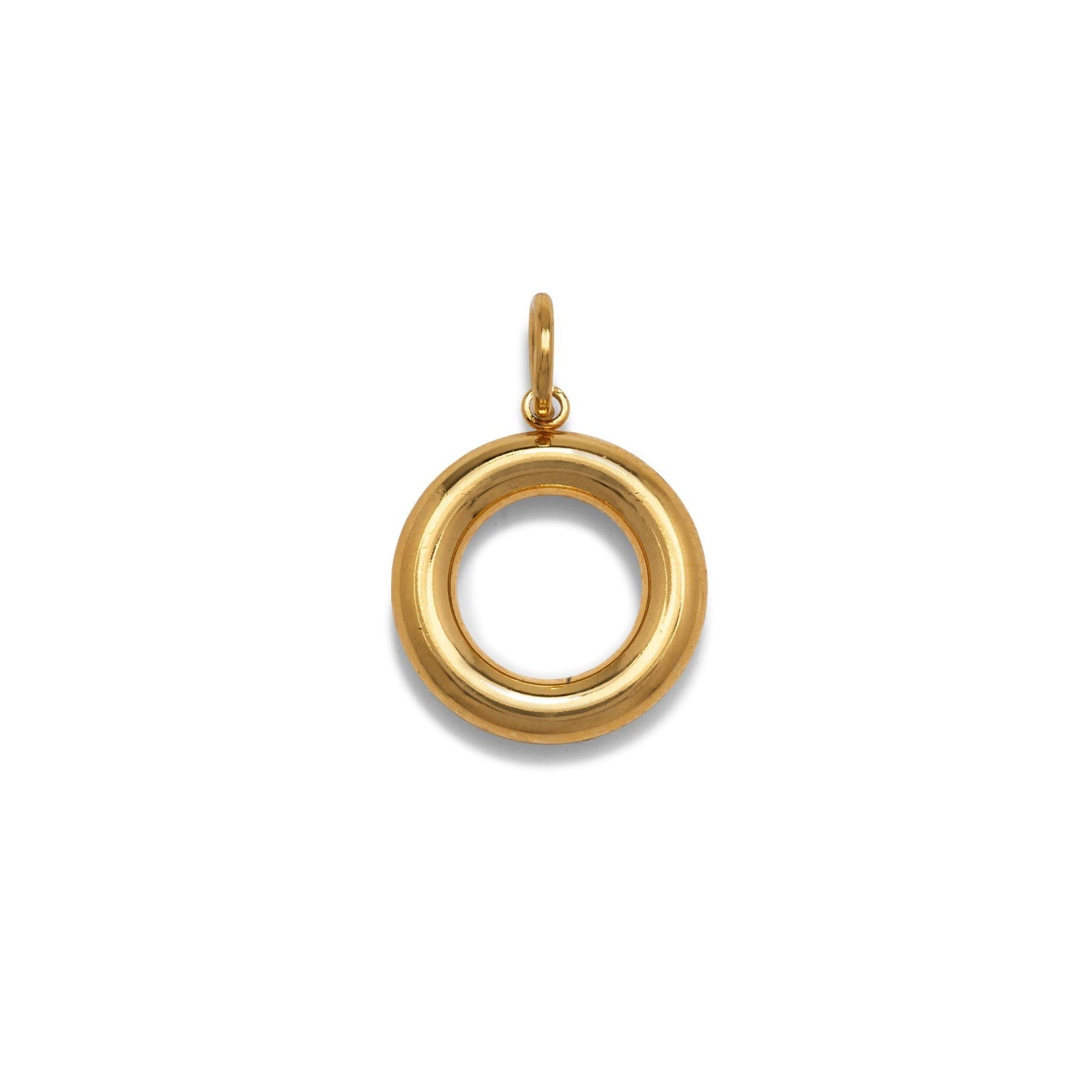 The Gold Smooth Doughnut Necklace Pendant Charm by JAREDJAMIN Jewelry Online features an 18K gold plated, polished circular design with a hollow center, displayed against a white background and suspended from a simple loop bail.