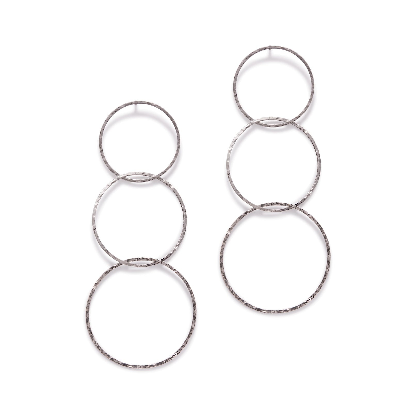 Silver Lindy Links Post Earrings by JAREDJAMIN Jewelry Online: never-tarnish e-coated silver plated earrings with three textured, vertically interconnected hoops from smallest to largest, shown on a plain white background.