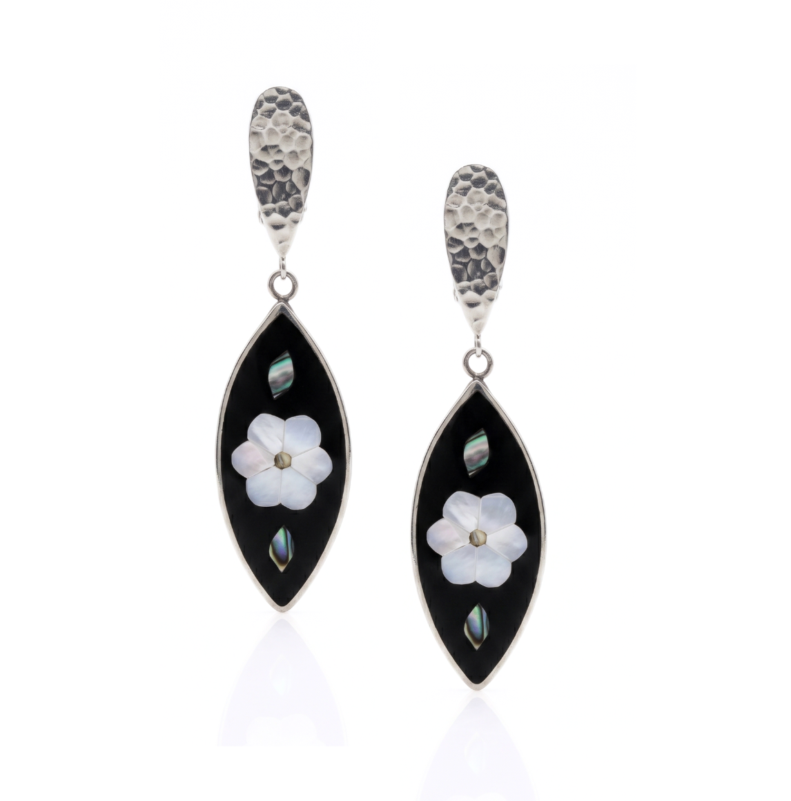 High-resolution studio product shot of the pair of Esperanza Upcycled Inlaid Earrings displayed against a white background, highlighting their black onyx marquise shape, central mother-of-pearl flower, and hammered clip tops.