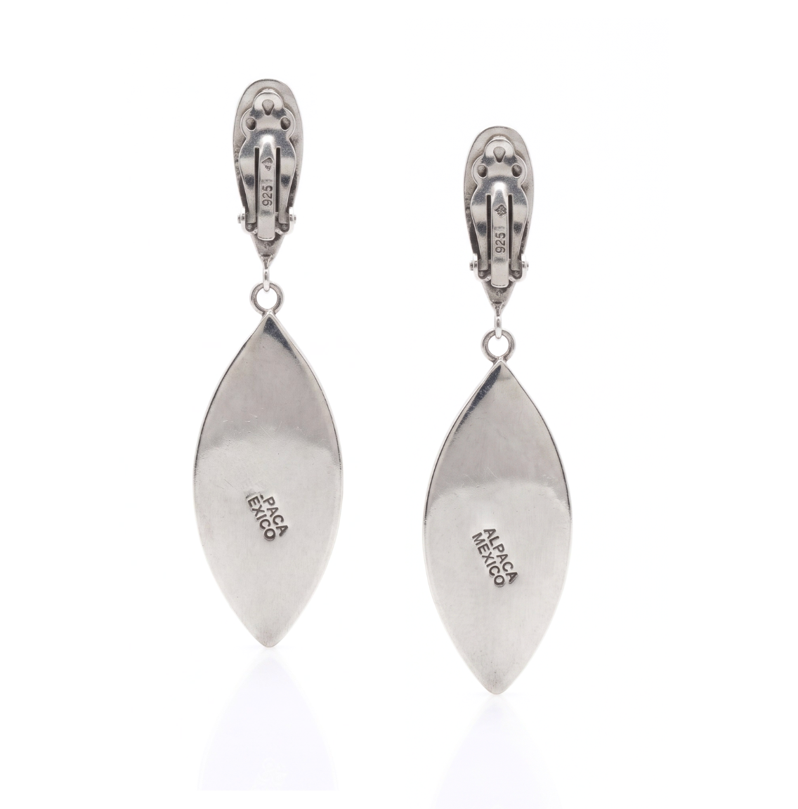 Studio product shot showing the reverse side of the Esperanza clip-on earrings, displaying the sterling silver clip hardware and "Alpaca Mexico / 925" artisan hallmarking stamps.