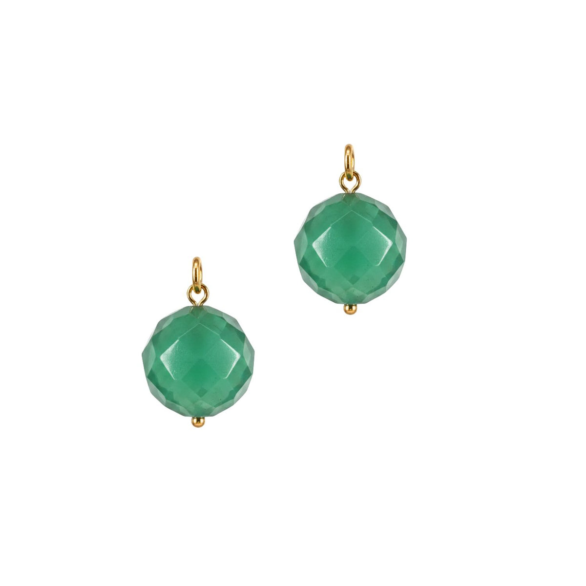 Two gold drop earrings from JAREDJAMIN Jewelry Online's Hooptastic Earring Collection feature 16MM Faceted Ball Earring Charms with large round green gemstones, a small gold loop on top, and a tiny bead below for simple elegance.