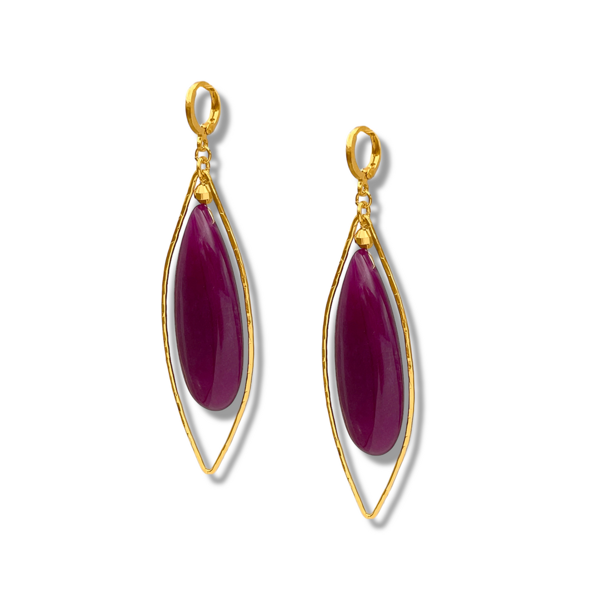 The Seraphine Plum Drop Leverback Earrings by JAREDJAMIN Jewelry Online feature 18k gold, open leaf-shaped frames with large plum quartz teardrop centers and secure leverback hooks. Shown on a white background.