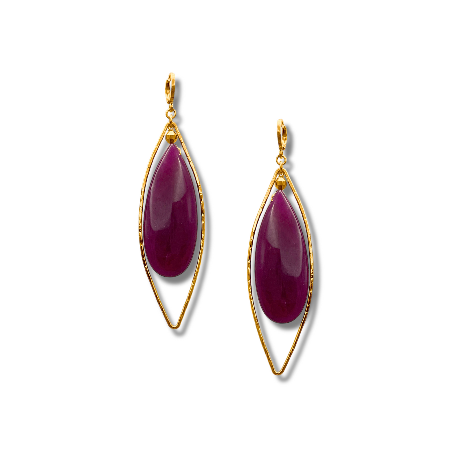 The Seraphine Plum Drop Leverback Earrings by JAREDJAMIN Jewelry Online feature large, glossy plum quartz teardrops framed in delicate open 18k gold wire, shown against a plain white background.