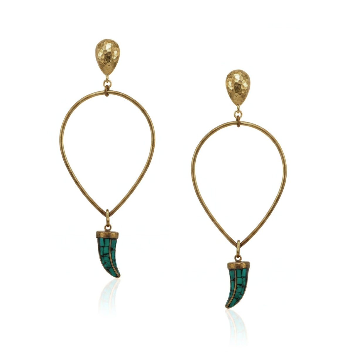 JAREDJAMIN Sierra Earrings: 4.5-inch uncoated raw brass open bow frames with turquoise mosaic horn charms on a clean white background.