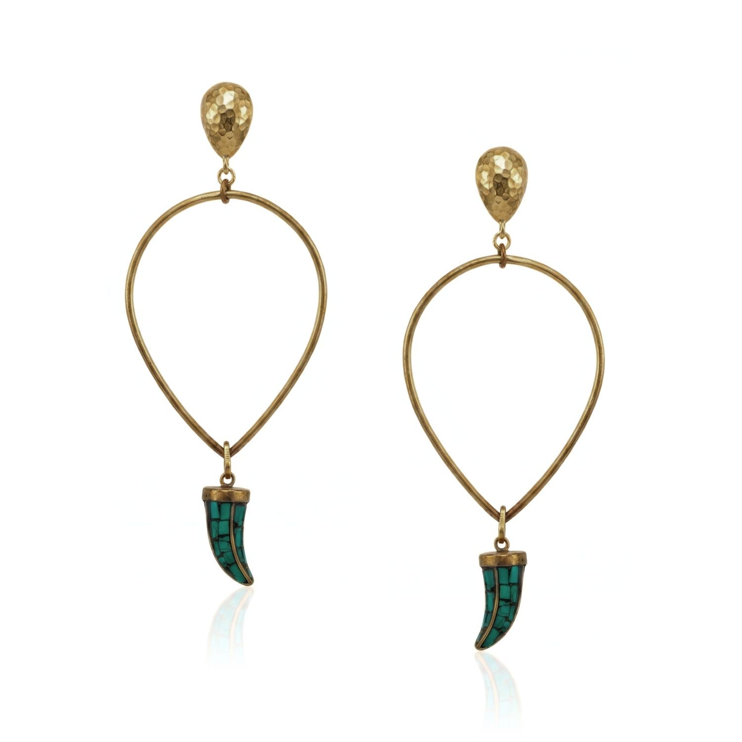 JAREDJAMIN Sierra Earrings: 4.5-inch uncoated raw brass open bow frames with turquoise mosaic horn charms on a clean white background.