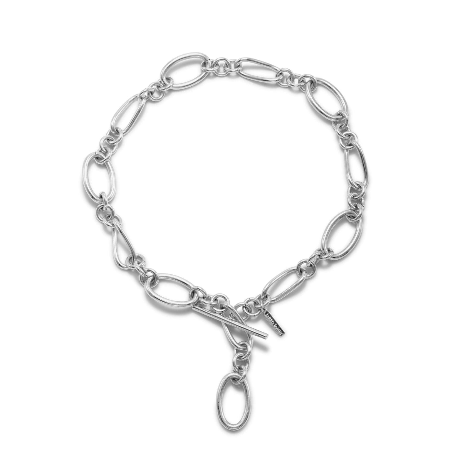 The Silver Ophelia Choker Chain Necklace by JAREDJAMIN Jewelry Online features large, irregular oval links with polished silver plating and a toggle clasp adorned by a larger link and bar for a lightweight, decorative look.