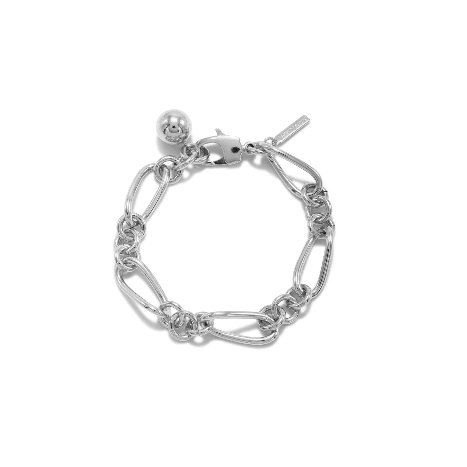 The JAREDJAMIN Jewelry Online Silver Skyler Chain Bracelet features large interlocking oval links, a shiny round charm, a lobster clasp, and an engraved rectangular tag, shown on a plain white background.