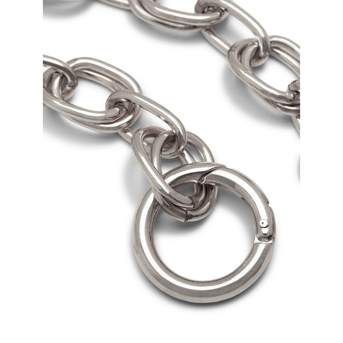 Close-up of the Silver Billie Every-Other Chain Necklace by JAREDJAMIN Jewelry Online, featuring large polished oval links and a round spring clasp, set against a white background with the hinge and closure mechanism visible.