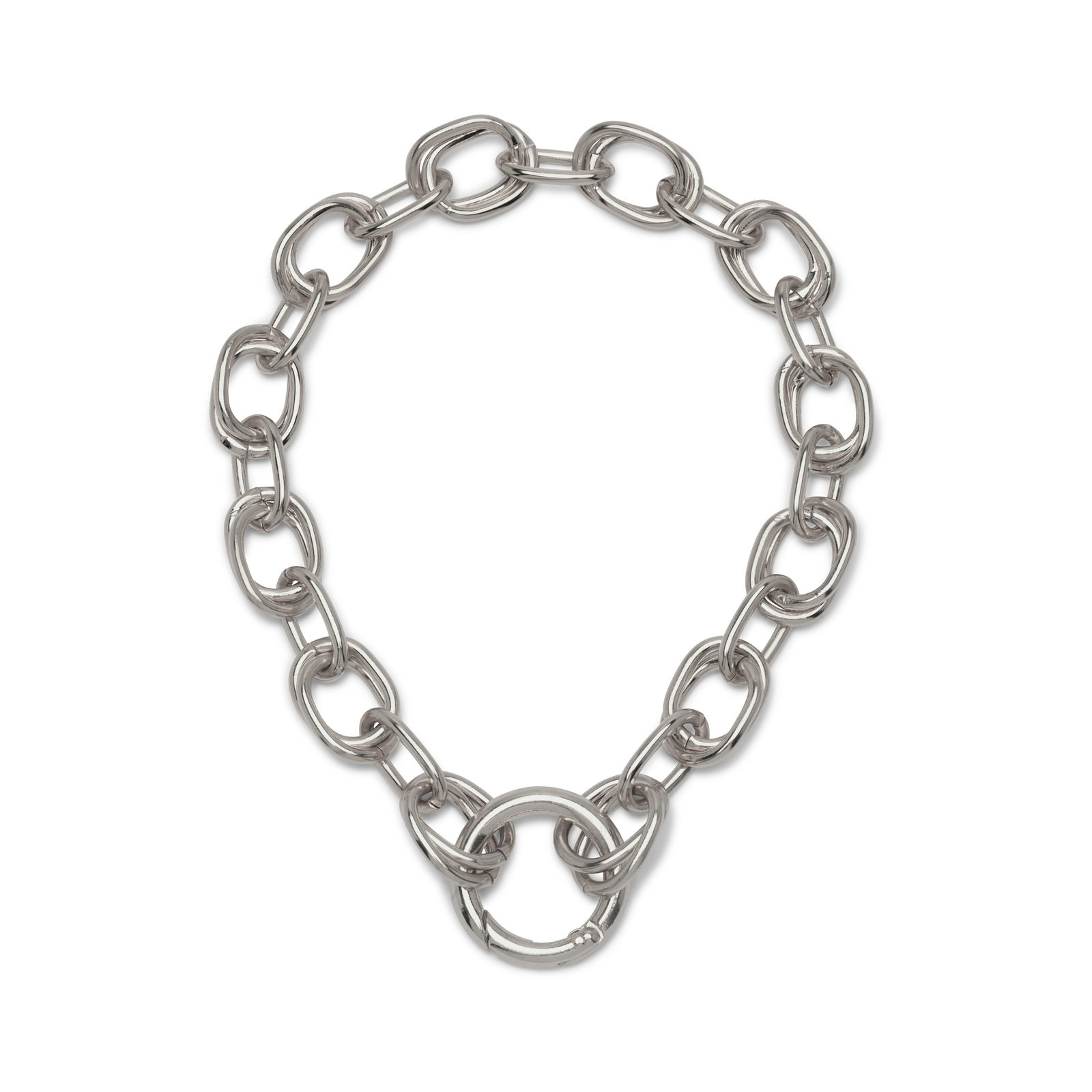 The Silver Billie Every-Other Chain Necklace by JAREDJAMIN Jewelry Online showcases large, oval silver-plated links and a bold circular clasp at the center, creating a modern statement look against a white background.