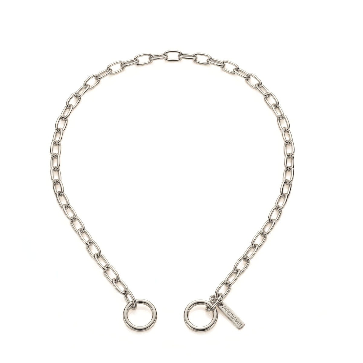 Hand-assembled in our West Hollywood studio, the Silver Chain Reaction Connector Necklace—crafted in small batches from tarnish-proof links and finished with twin sculptural rings plus an engraved tag—captures eco-conscious luxury. Style Note: adapts crisply from tailored shirts to sleek eveningwear.