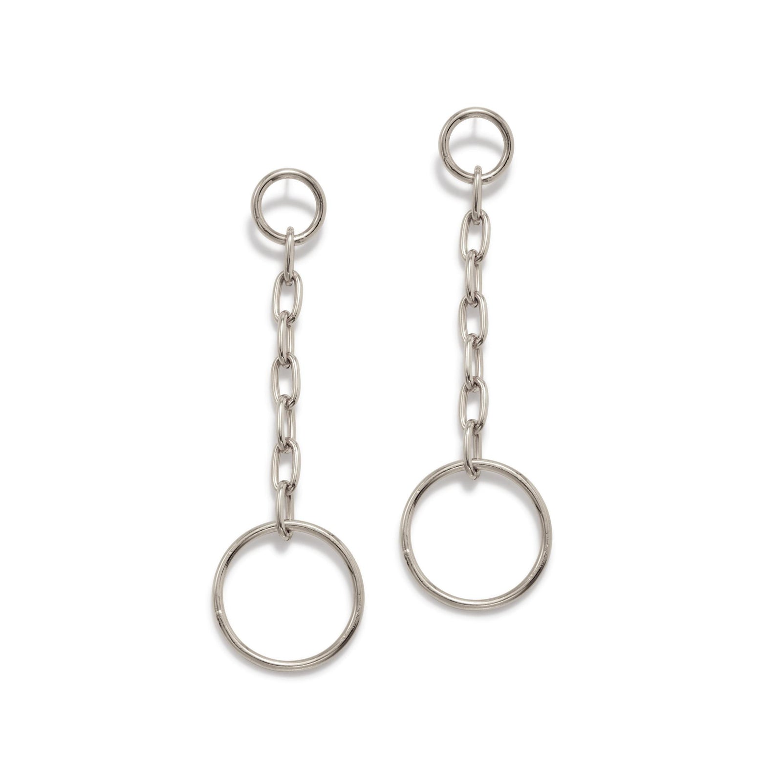 The Silver Chain Reaction Drop Post Earrings by JAREDJAMIN Jewelry Online feature a small hoop, short chain, and larger hoop in a minimalist, industrial design—creating a striking matching set shown on a white background.