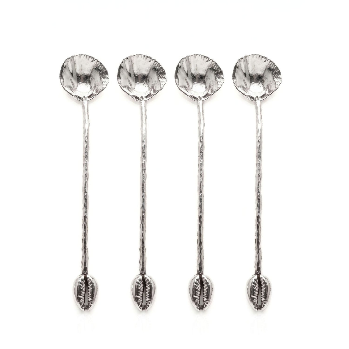 Studio product shot of the JAREDJAMIN Silver Cockle & Cowrie Condiment Spoons set against a clean white background, highlighting the four uniform, polished silver-plated spoons arranged vertically to showcase the detailed cockle shell basins on top and the textured stems ending in structural cowrie handles at the base.