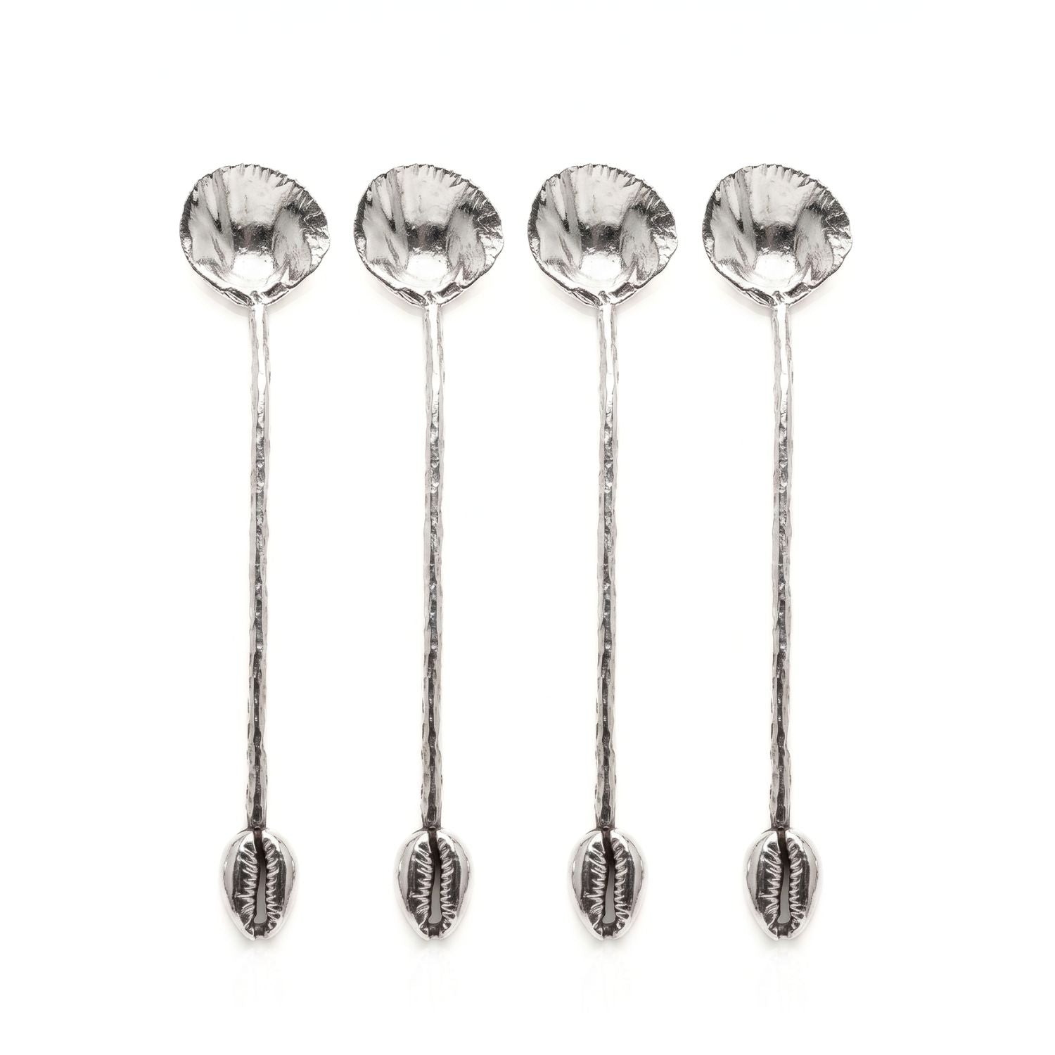 Studio product shot of the JAREDJAMIN Silver Cockle & Cowrie Condiment Spoons set against a clean white background, highlighting the four uniform, polished silver-plated spoons arranged vertically to showcase the detailed cockle shell basins on top and the textured stems ending in structural cowrie handles at the base.