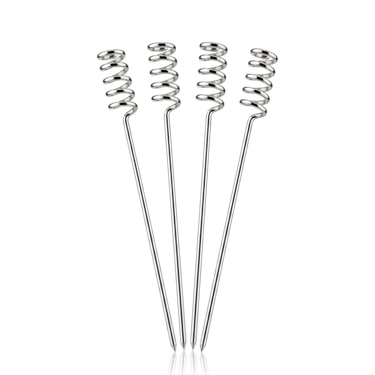 Studio product shot of the JAREDJAMIN Silver Curly Cue Cocktail Skewers set against a clean background, highlighting the four uniform, polished silver-plated piques with their distinct minimalist coiled spiral handles arranged in a fan layout.