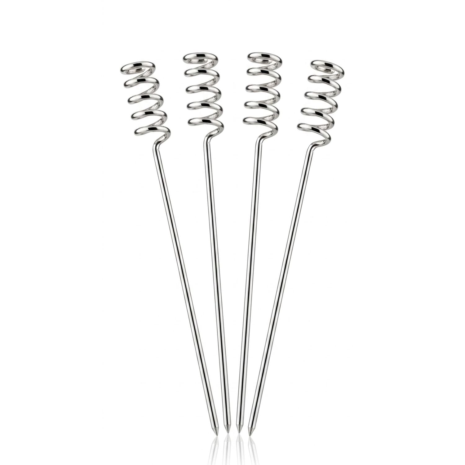 Studio product shot of the JAREDJAMIN Silver Curly Cue Cocktail Skewers set against a clean background, highlighting the four uniform, polished silver-plated piques with their distinct minimalist coiled spiral handles arranged in a fan layout.