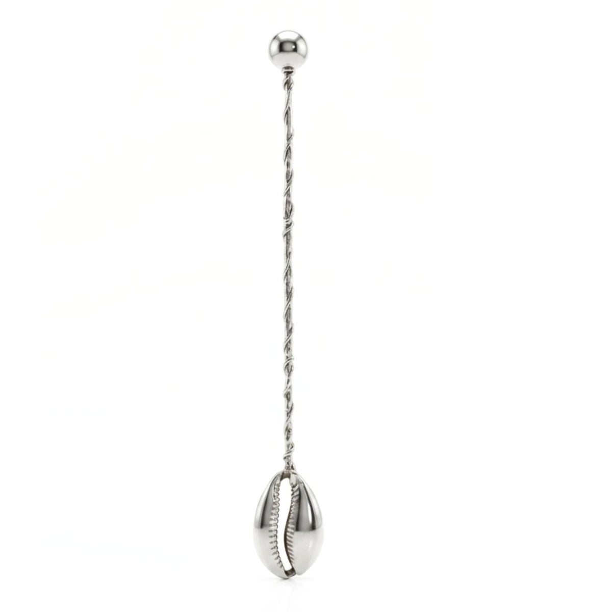 Centered studio shot of the Silver Cowrie Cocktail Stirrer arranged perfectly vertical against a clean white background, emphasizing its symmetrical 10-inch linear profile, high-polished sphere handle, and sculptural integrity.