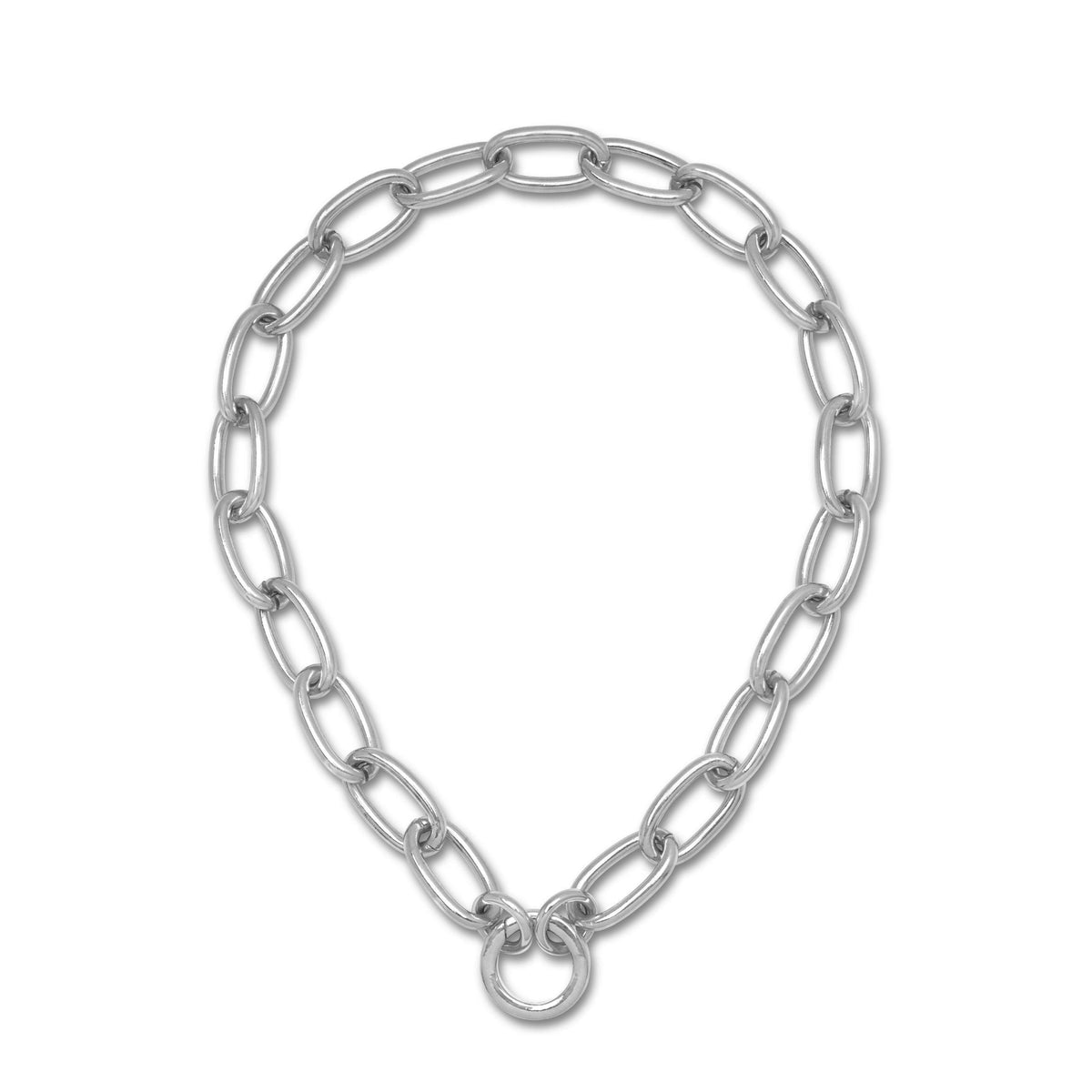 The Silver Everly Chain Necklace by JAREDJAMIN Jewelry Online features large silver-plated oval links in a teardrop shape, accented with a central round ring for an industrial touch and polished for a modern, minimalist look.