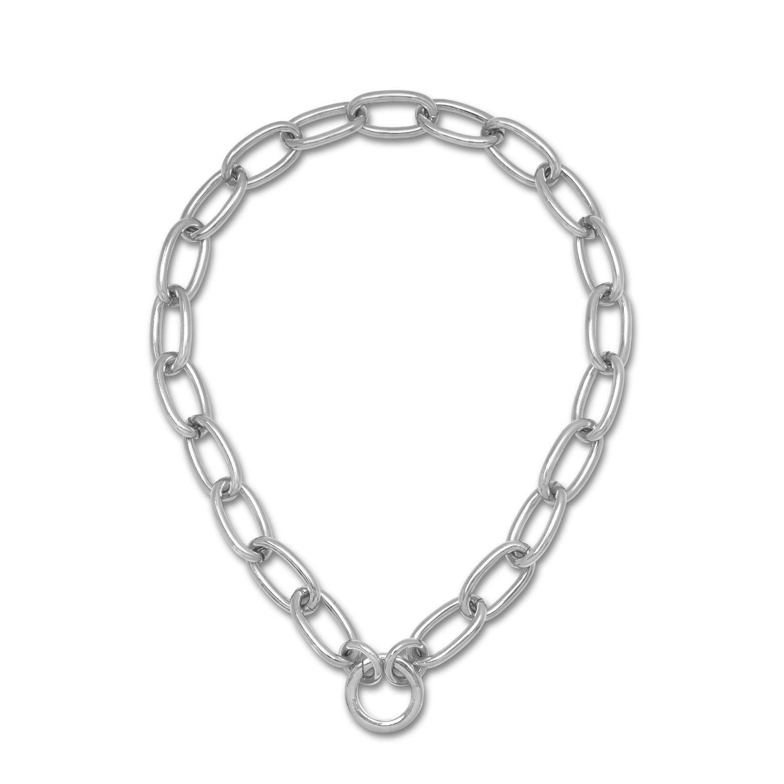 The Silver Everly Chain Necklace by JAREDJAMIN Jewelry Online features large silver-plated oval links in a teardrop shape, accented with a central round ring for an industrial touch and polished for a modern, minimalist look.