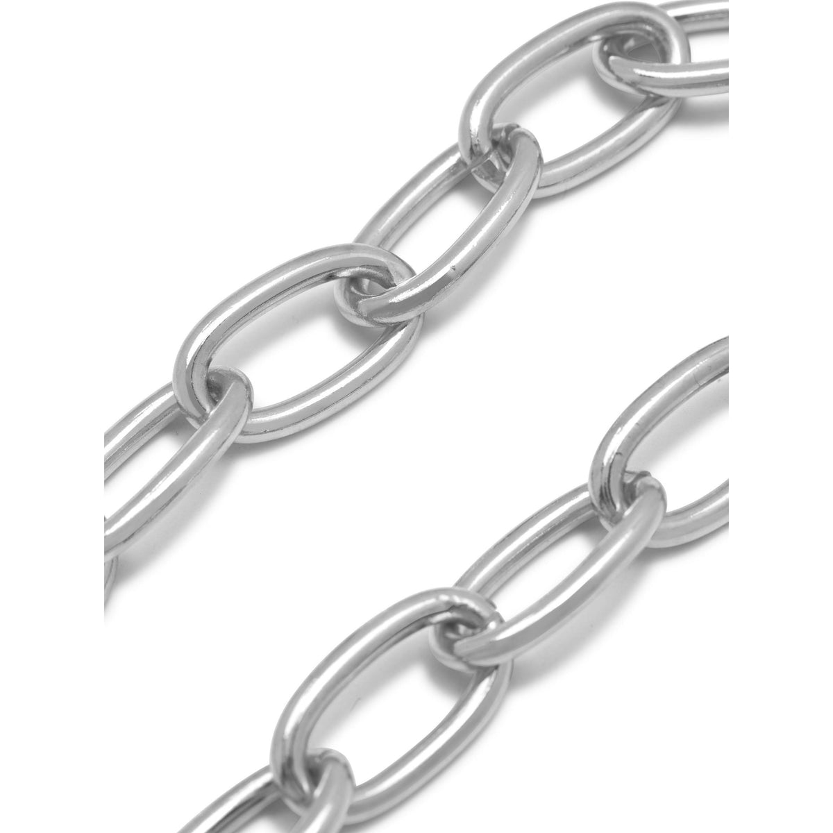 Close-up of the Silver Everly Chain Necklace by JAREDJAMIN Jewelry Online, featuring large, shiny oval links in parallel rows. The silver-plated design showcases an industrial aesthetic with smooth, metallic texture on a white background.