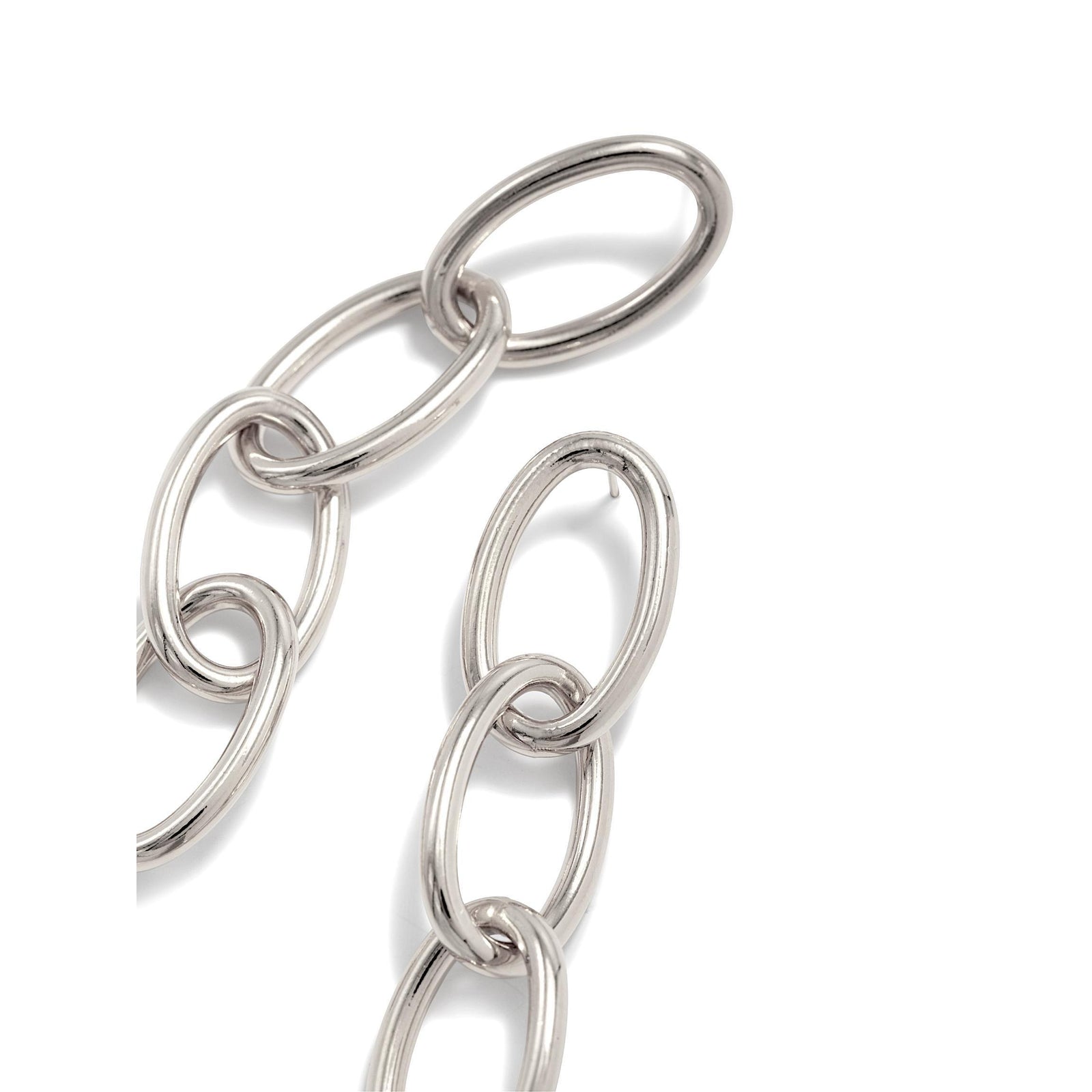A close-up of JAREDJAMIN Jewelry Online’s Silver Everly Drop Chain Post Earrings showcases shiny, smooth oval links on a white background; the open link detail adds versatility—perfect for pairing with other platinum or silver tone pieces.
