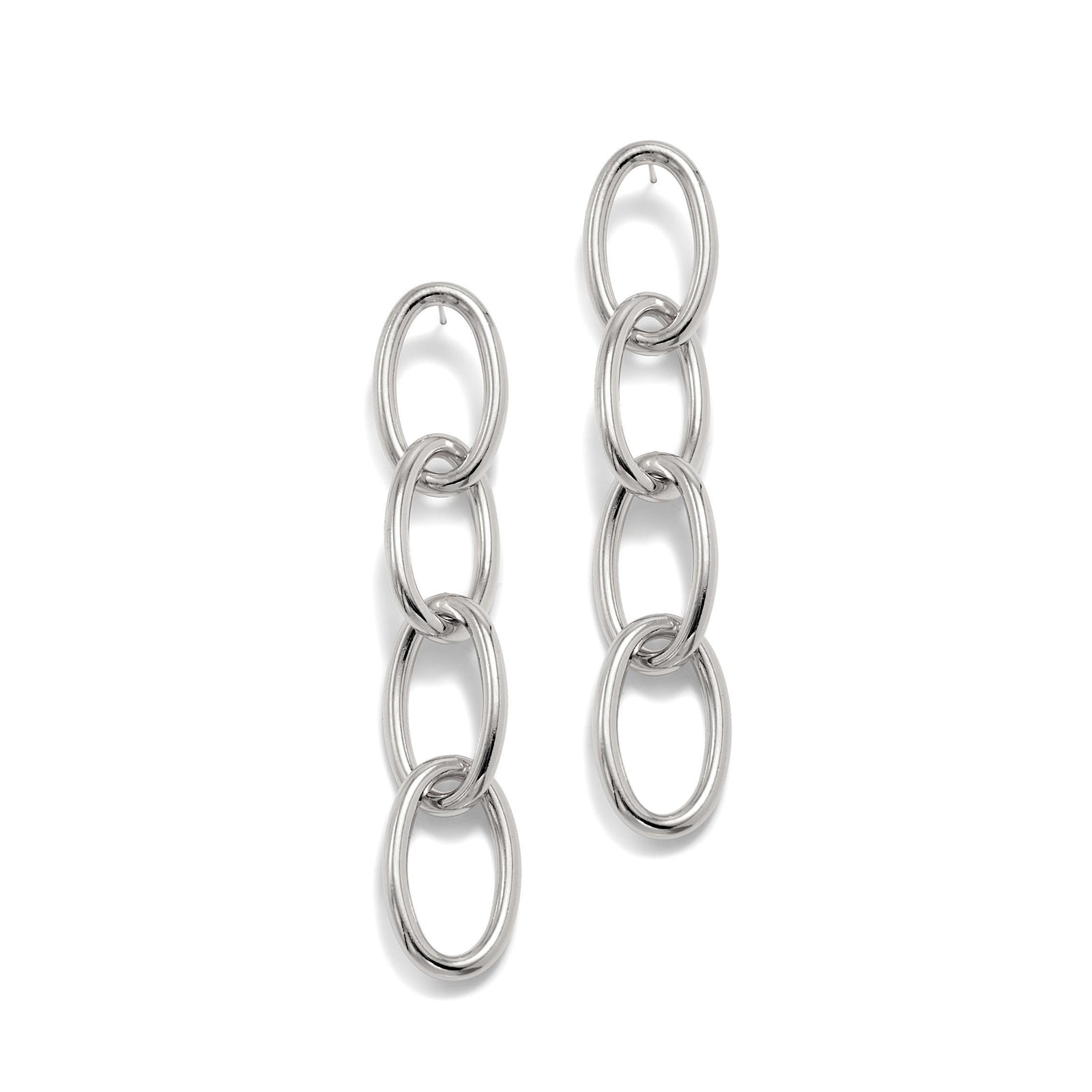 A close-up of JAREDJAMIN Jewelry Online’s Silver Everly Drop Chain Post Earrings showcases shiny, smooth oval links on a white background; the open link detail adds versatility—perfect for pairing with other platinum or silver tone pieces.