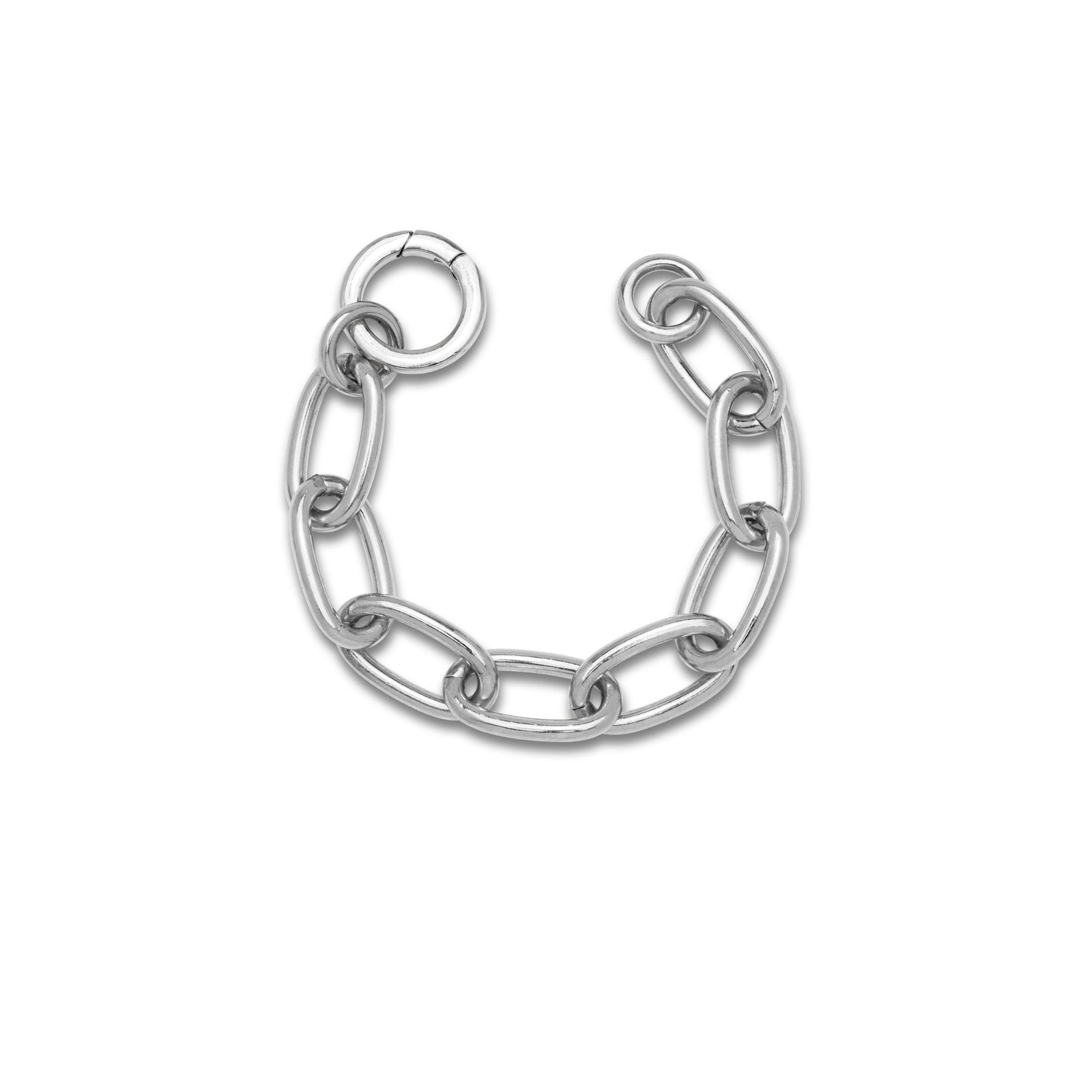 The Silver Everly Link Chain Bracelet by JAREDJAMIN Jewelry Online features bold, large oval links and a clicker clasp, forming a striking semi-circle on a white background for a modern look.