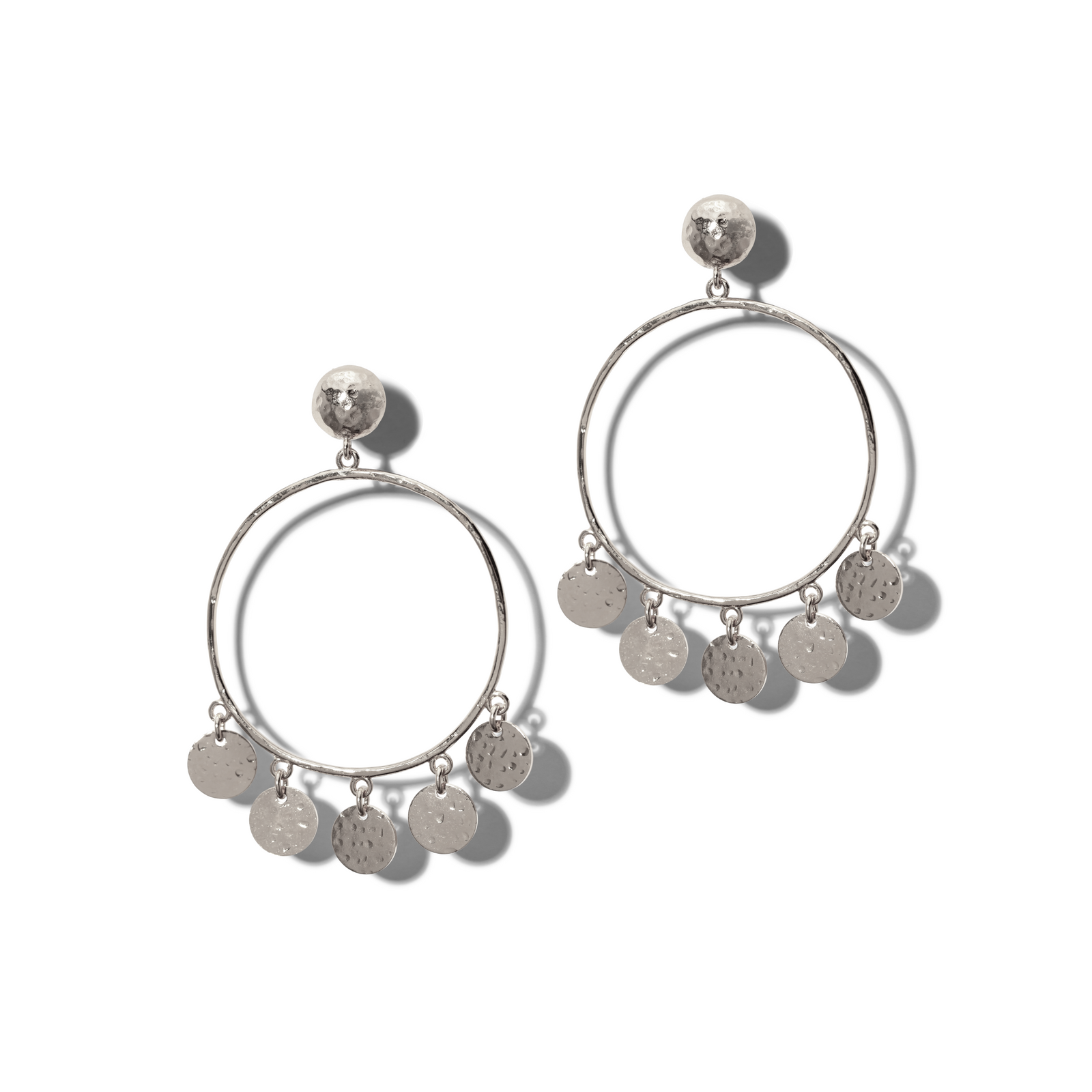 The Silver Fortuna Chandelier Earrings by JAREDJAMIN Jewelry Online feature silver plate hammered hoops with stud backs and five textured dangling discs for a bohemian look, casting subtle shadows on a white background.
