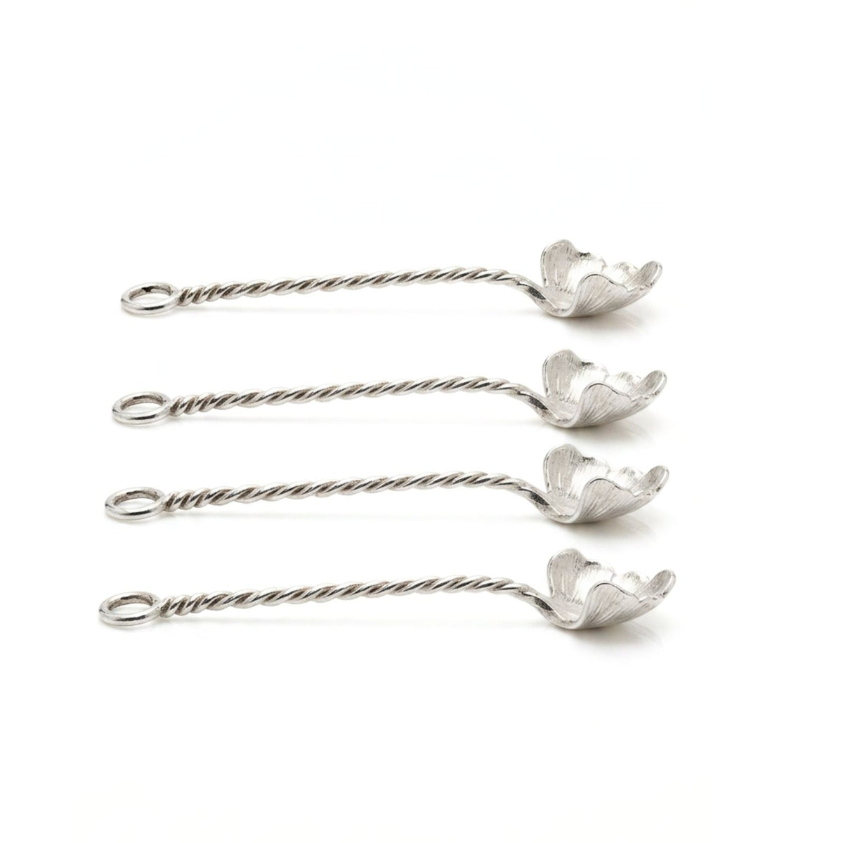 Horizontal studio shot of the four silver-plated ginkgo salt spoons stacked parallel to one another, demonstrating the cupped depth of the botanical leaf basins, the uniform profile thickness, and the jewelry-grade polish of the mini serving spoons.