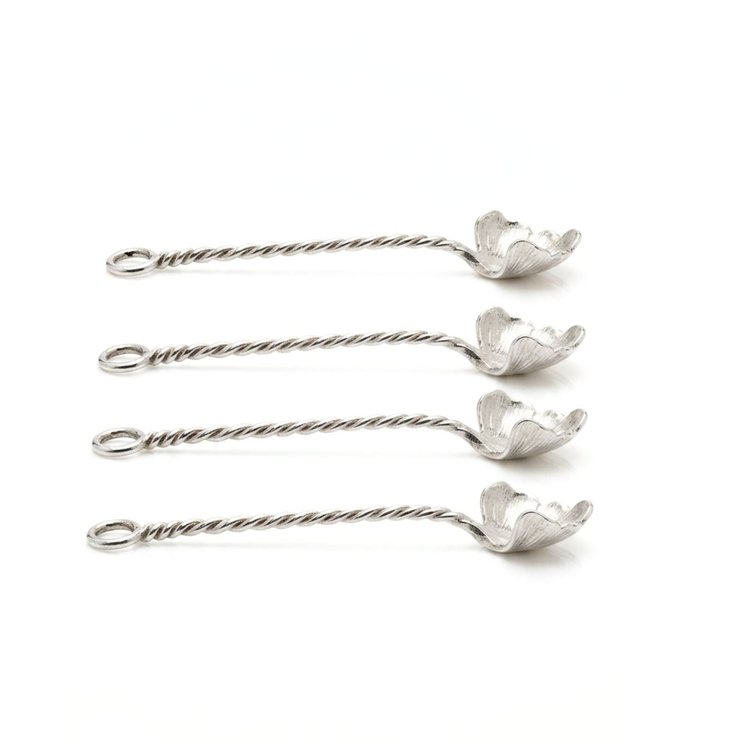 Studio product shot of the JAREDJAMIN Silver Ginkgo Salt Spoon Set against a clean background, highlighting the four uniform, polished silver-plated miniature spoons arranged in a fan layout to showcase the detailed fan-shaped ginkgo leaf basins and twisted stems.
