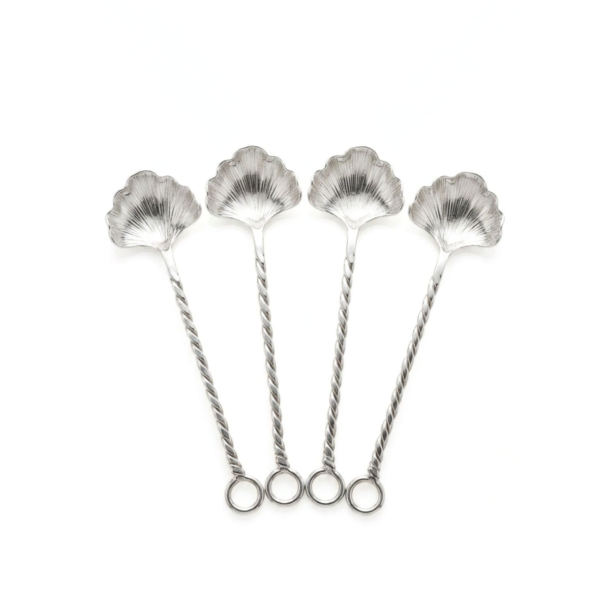 Studio product shot of the JAREDJAMIN Silver Ginkgo Salt Spoon Set against a clean background, highlighting the four uniform, polished silver-plated miniature spoons arranged in a fan layout to showcase the detailed fan-shaped ginkgo leaf basins and twisted stems.