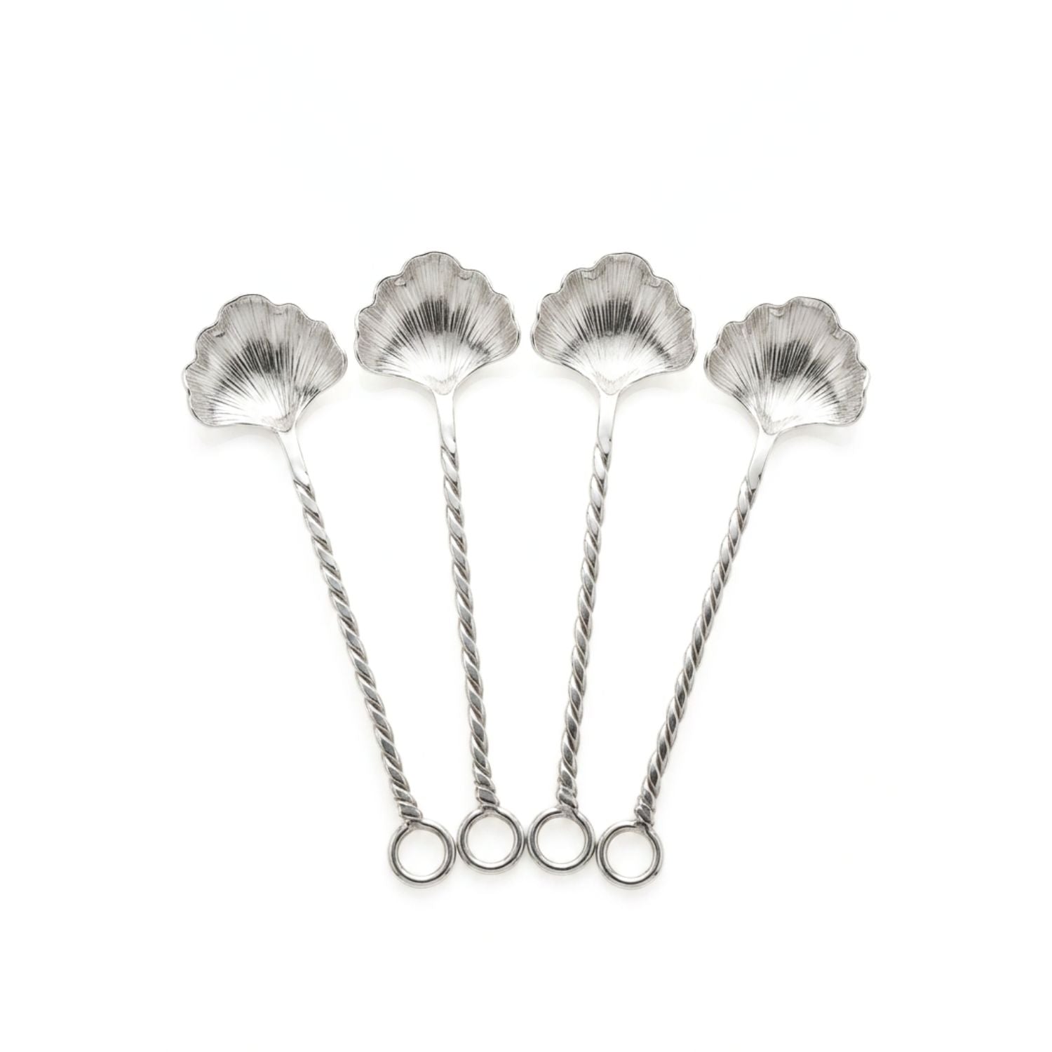 Studio product shot of the JAREDJAMIN Silver Ginkgo Salt Spoon Set against a clean background, highlighting the four uniform, polished silver-plated miniature spoons arranged in a fan layout to showcase the detailed fan-shaped ginkgo leaf basins and twisted stems.