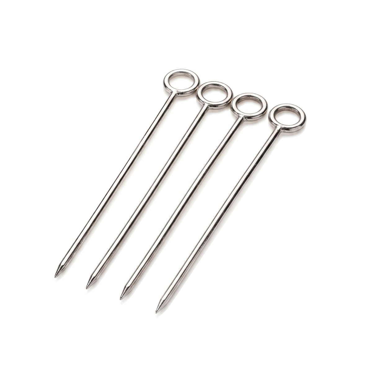 Minimalist studio product shot of the set of four JAREDJAMIN Silver It's Five o' Clock Cocktail Skewers laid out diagonally, showcasing the sleek, high-polished silver-plated tapered shafts and the single circular ring handles that sit flat on top of the piques.