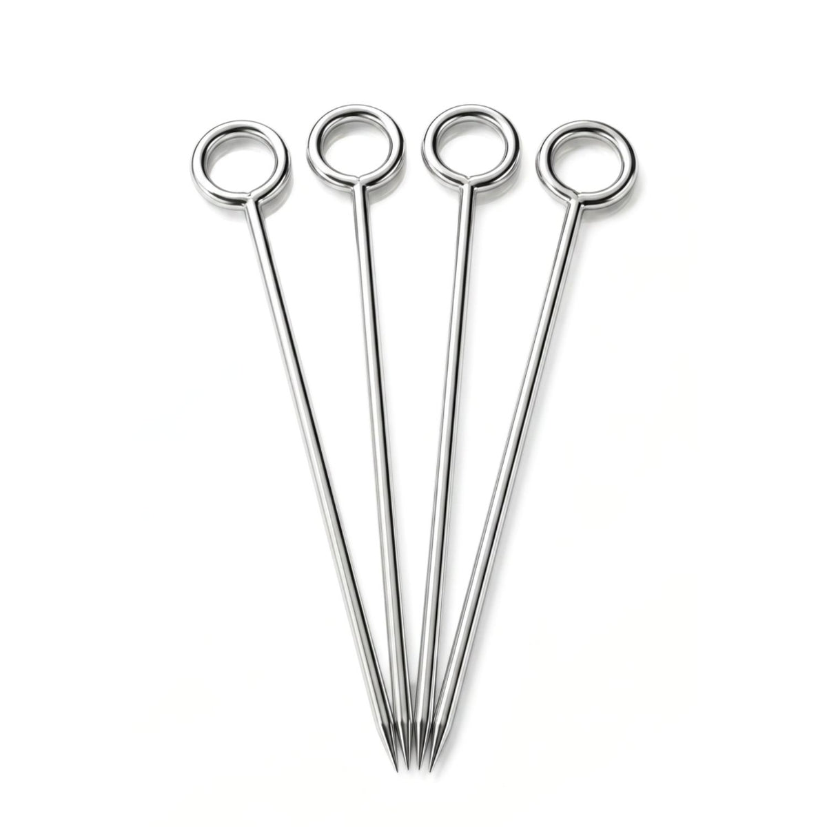Clean studio shot of the four Silver It's Five o' Clock Cocktail Skewers arranged vertically in a fan layout against a crisp white background, highlighting the architectural uniformity, symmetry, and jewelry-grade polish of the circular loop handles.