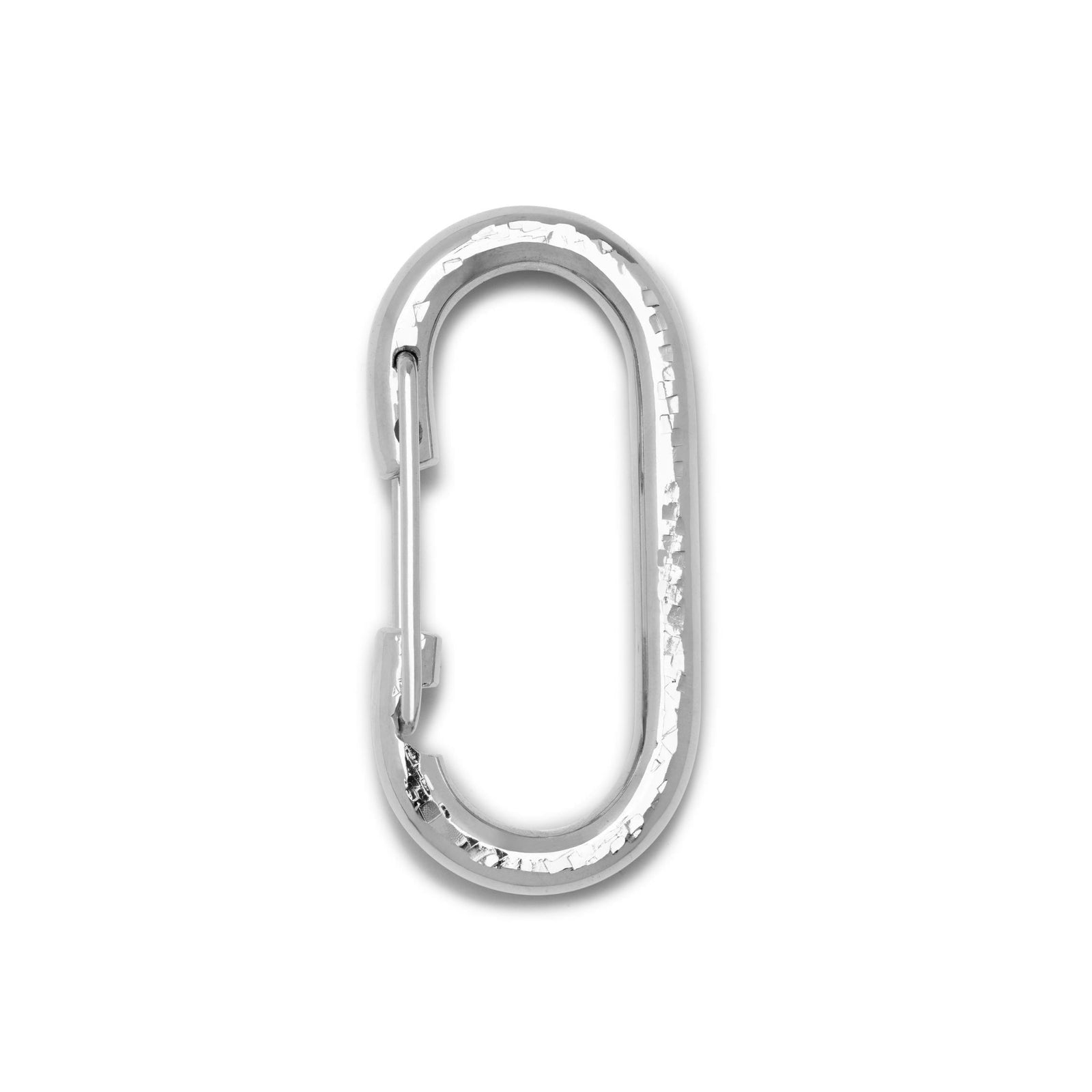 The JAREDJAMIN Jewelry Online Silver Large Oval Carabiner Clicker Clasp features a hammered, textured finish, silver plating, and spring-loaded closure—perfect for chain link jewelry or keychains. Shown on a plain white background to highlight its shine.