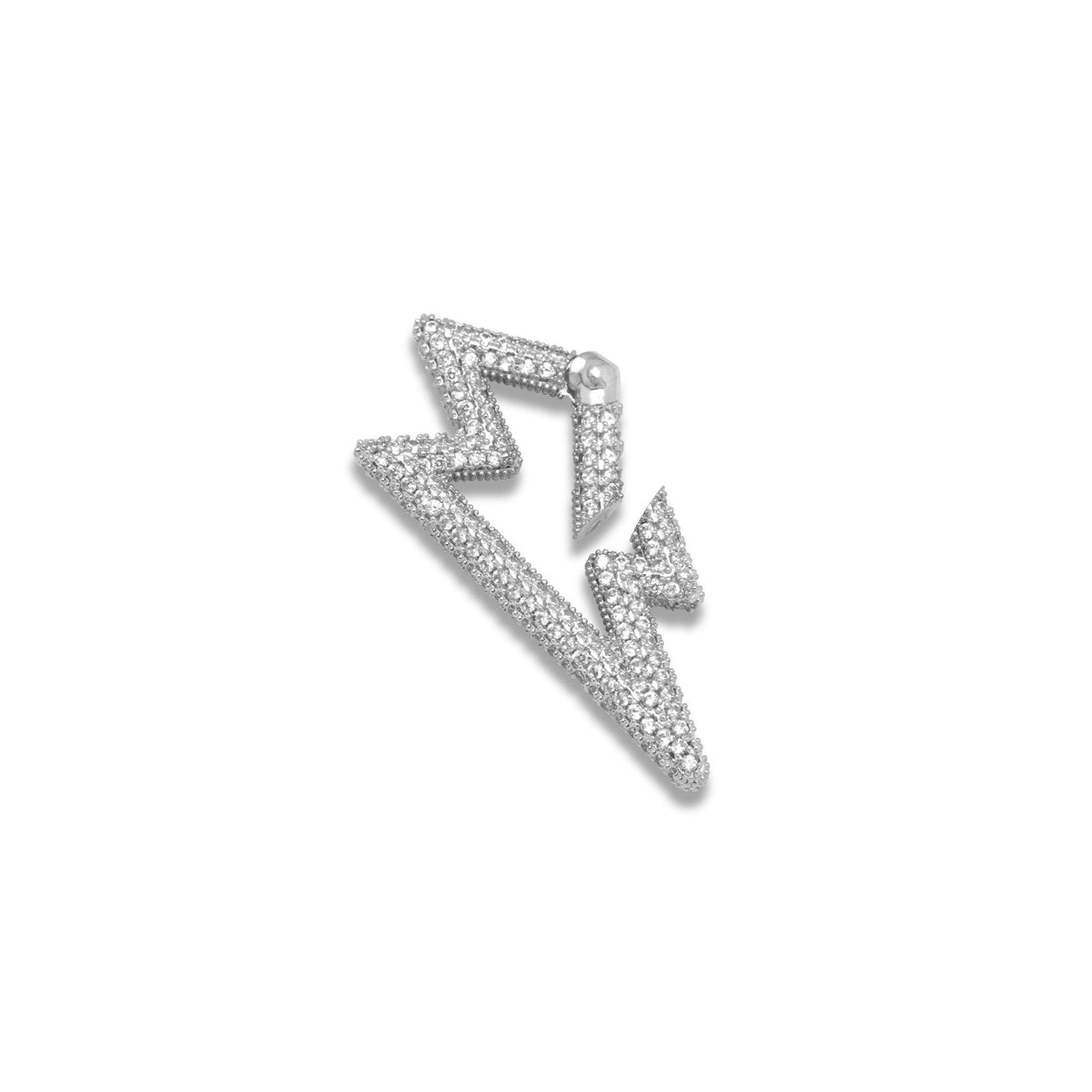 The Silver Lightning Bolt Pavé Clicker Clasp by JAREDJAMIN Jewelry Online features a zigzag lightning bolt shape adorned with sparkling cubic zirconia and a round raised bead, shown against a plain white background.