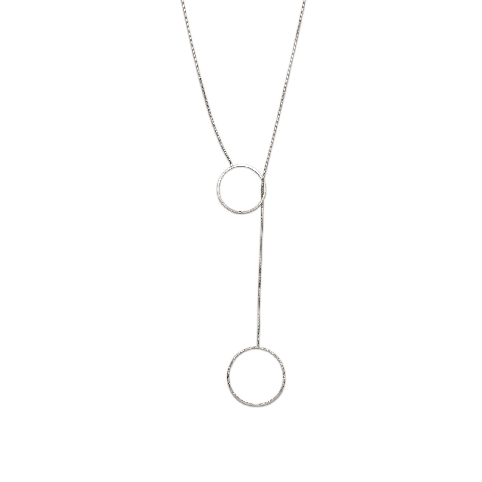 The Lindy Y-Necklace by JAREDJAMIN Jewelry Online features a minimalist 18K design with a delicate chain and two open circles, creating a modern geometric look. Tarnish resistant and shown gleaming against a plain white background.