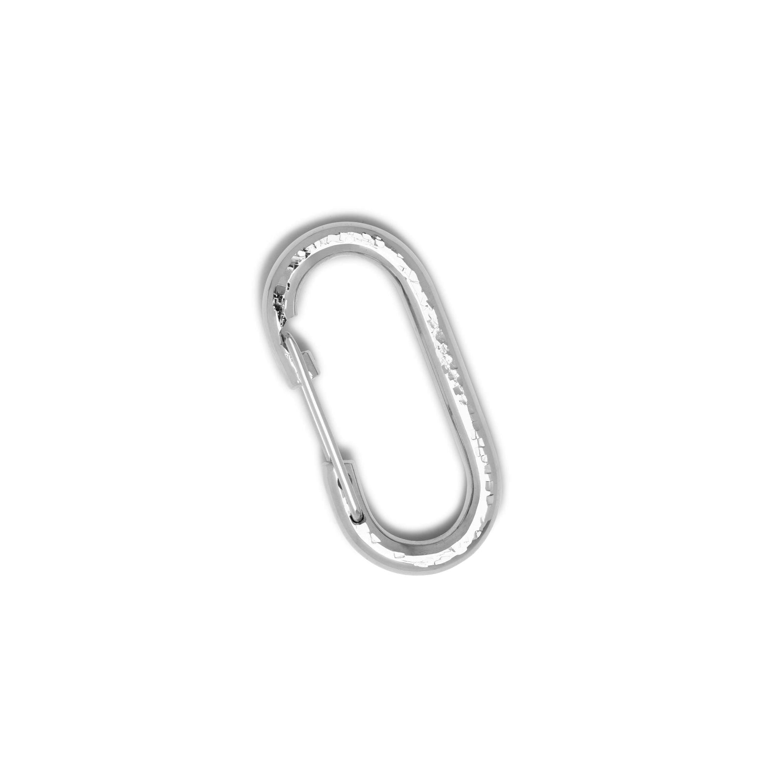The Silver Medium Oval Carabiner Clicker Clasp by JAREDJAMIN Jewelry Online features a shiny, reflective silver finish and spring-loaded gate, perfect for chain link jewelry or as a secure clasp for link chains.
