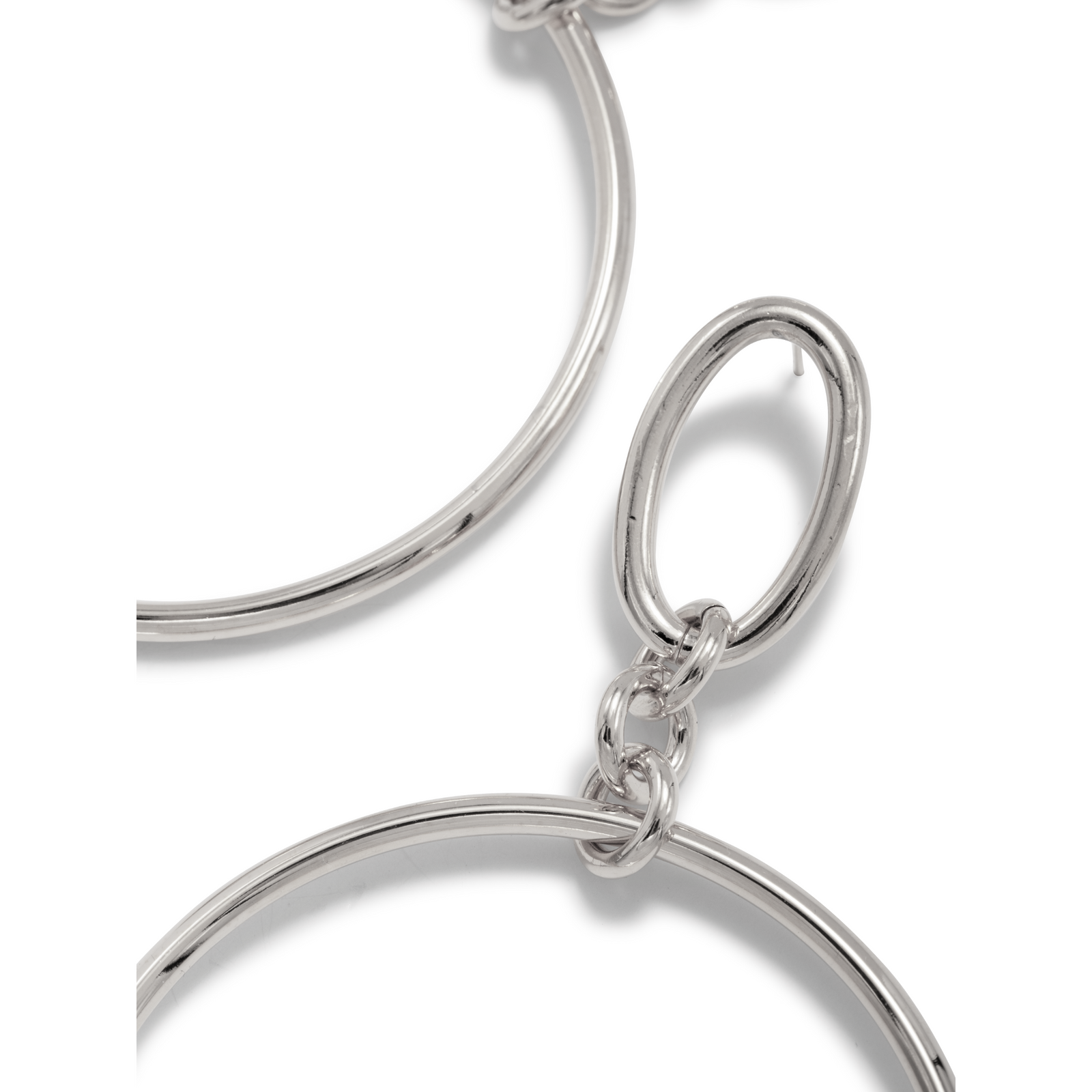 The Silver Ophelia Drop Hoop Post Earrings by JAREDJAMIN Jewelry Online feature minimalist silver-plated brass ovals linked to larger hoops in a sleek, modern design, shown elegantly on a white background.