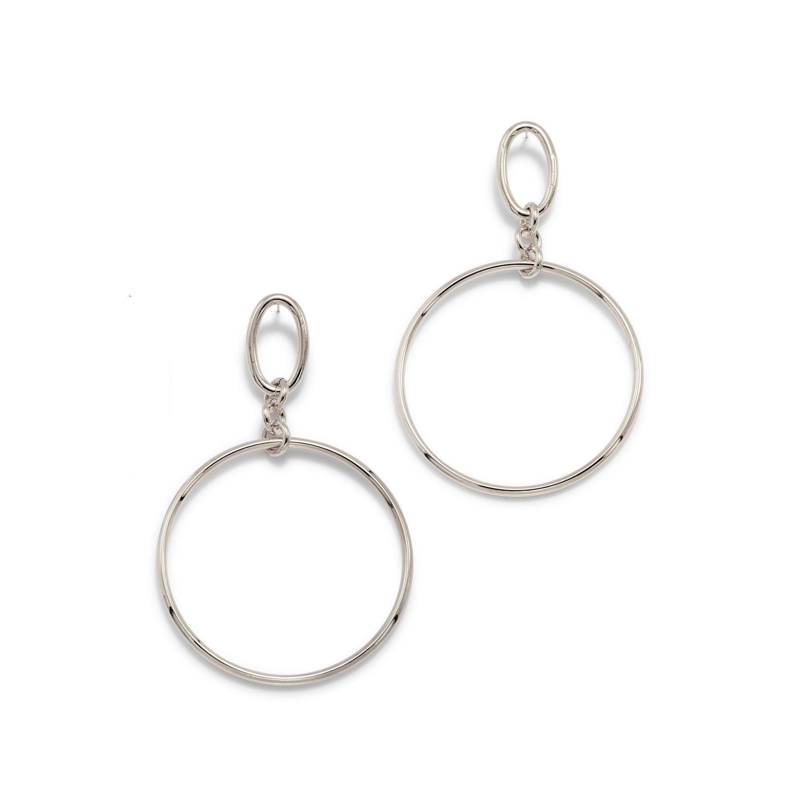 The Silver Ophelia Drop Hoop Post Earrings by JAREDJAMIN Jewelry Online feature minimalist silver-plated brass ovals linked to larger hoops in a sleek, modern design, shown elegantly on a white background.