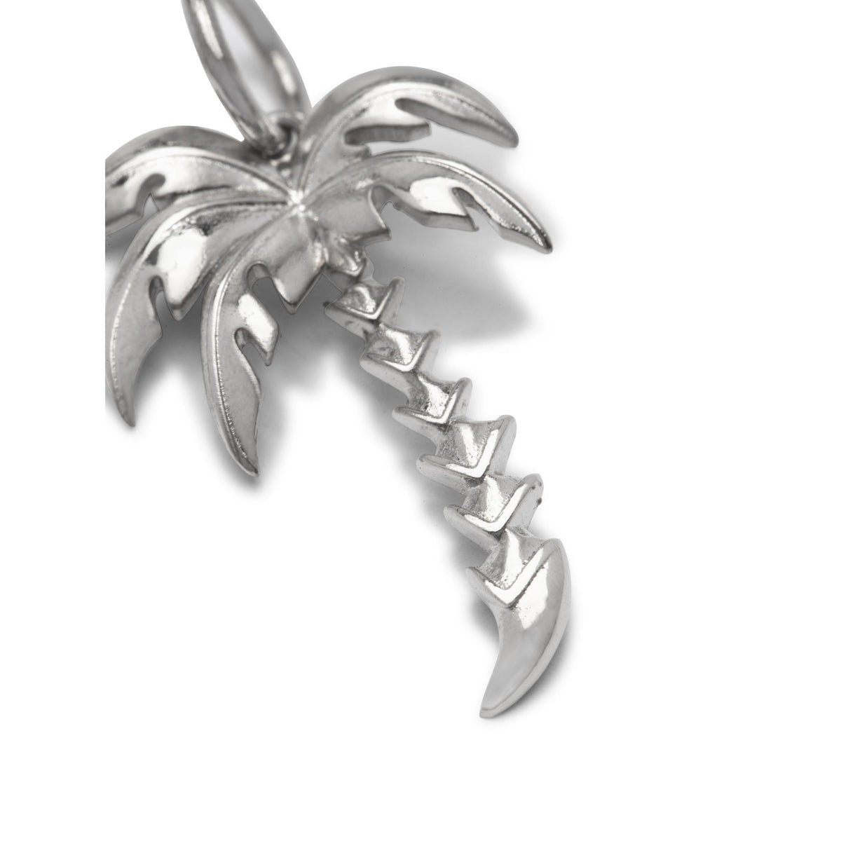 The JAREDJAMIN Jewelry Online Silver Palm Necklace Pendant Charm showcases stylized, textured leaves and a segmented curved trunk in reflective white rhodium plating, with a loop at the top for your chain against a plain white background.