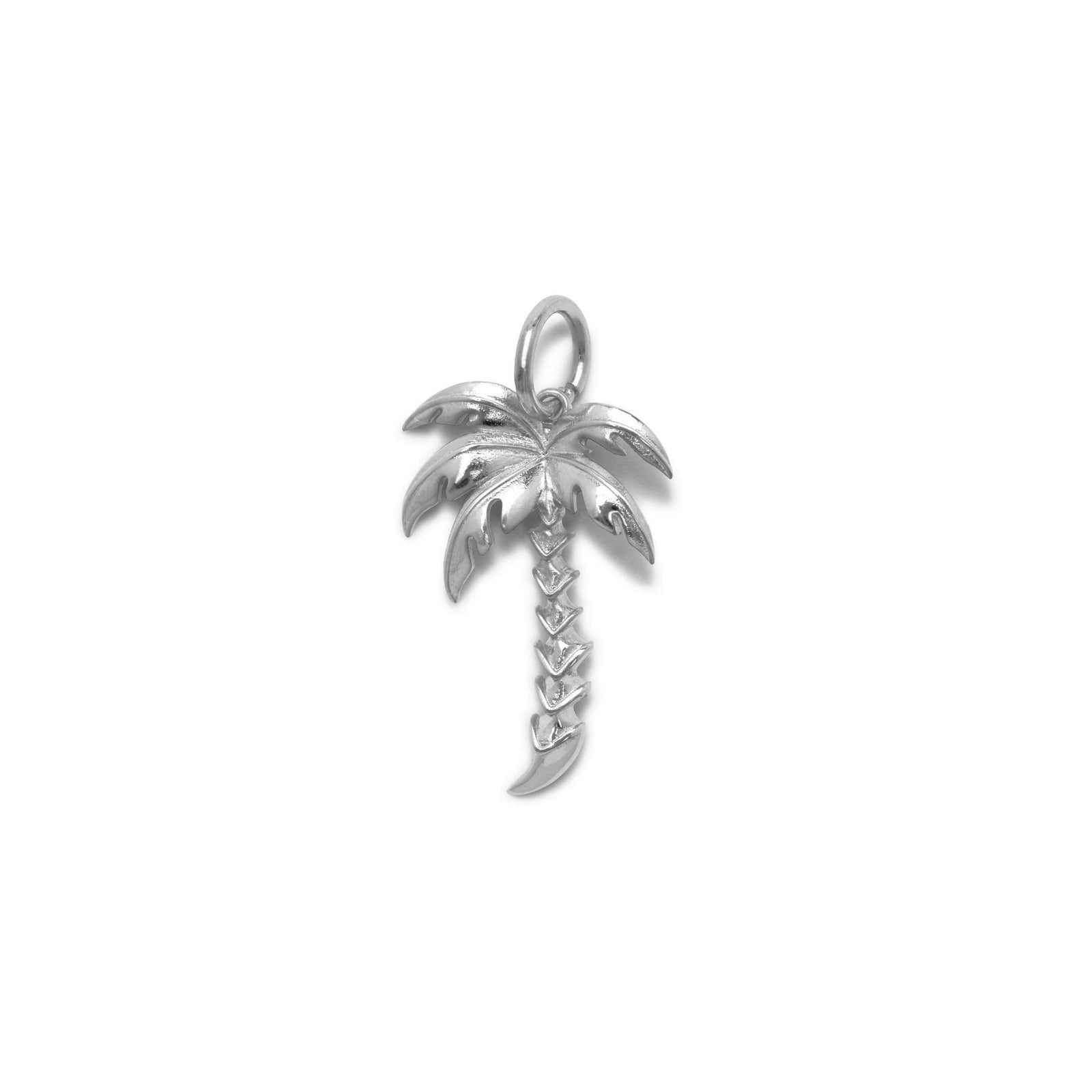 The JAREDJAMIN Jewelry Online Silver Palm Necklace Pendant Charm features detailed leaves and a textured trunk, white rhodium plated for extra shine, with a top loop for attaching to jewelry. Set against a plain white background.